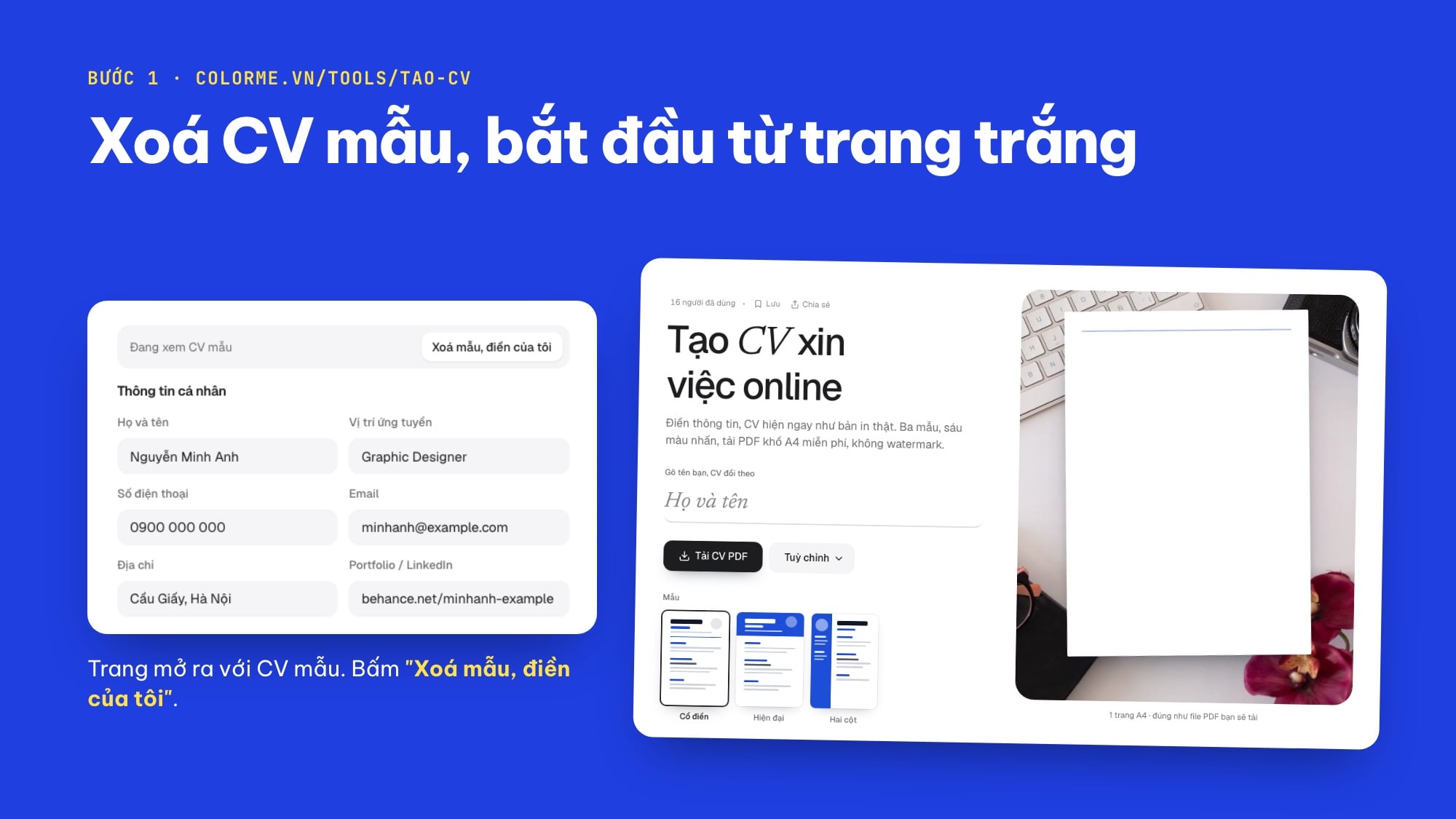 Bước 1 tạo CV online: xoá CV mẫu trong công cụ Tạo CV của ColorME