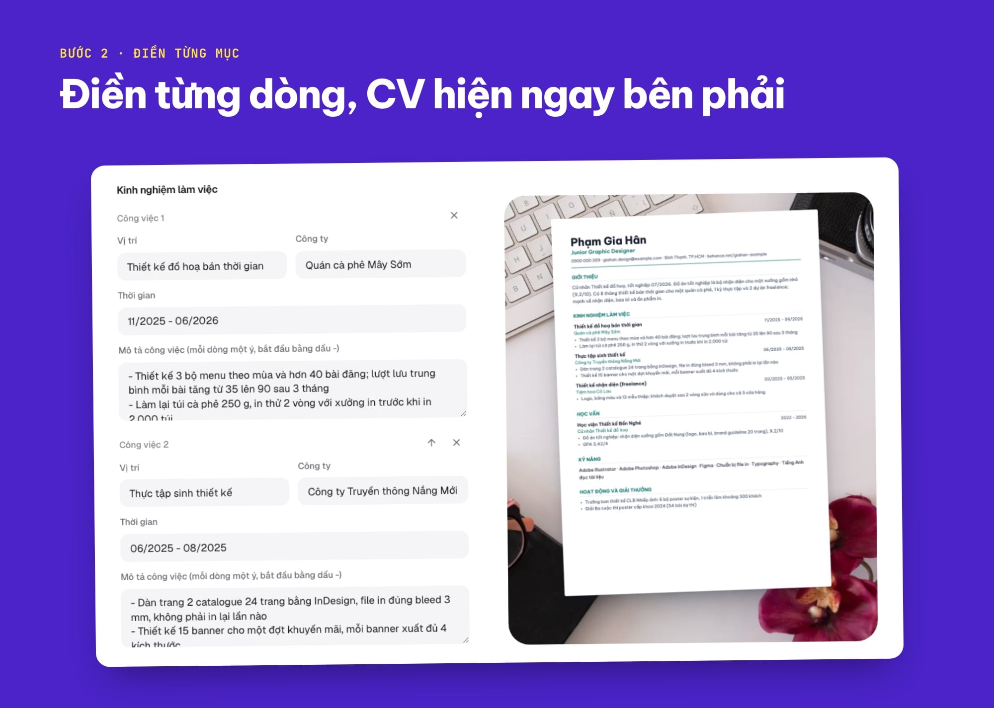 Bước 2 tạo CV online: điền mục kinh nghiệm làm việc