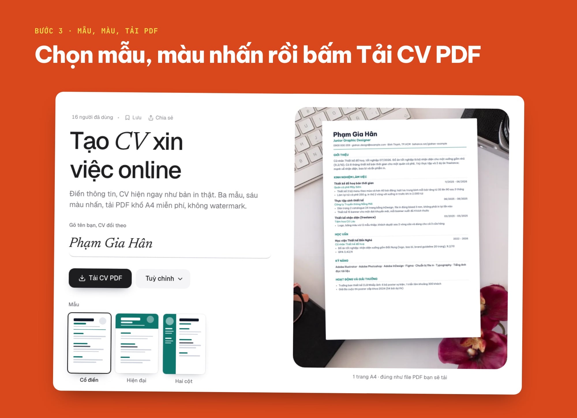 Bước 3 tạo CV online: chọn mẫu, màu nhấn và tải PDF