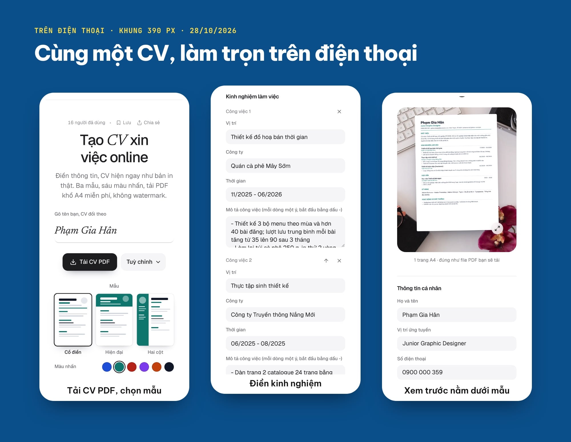Làm CV trên điện thoại bằng công cụ Tạo CV của ColorME