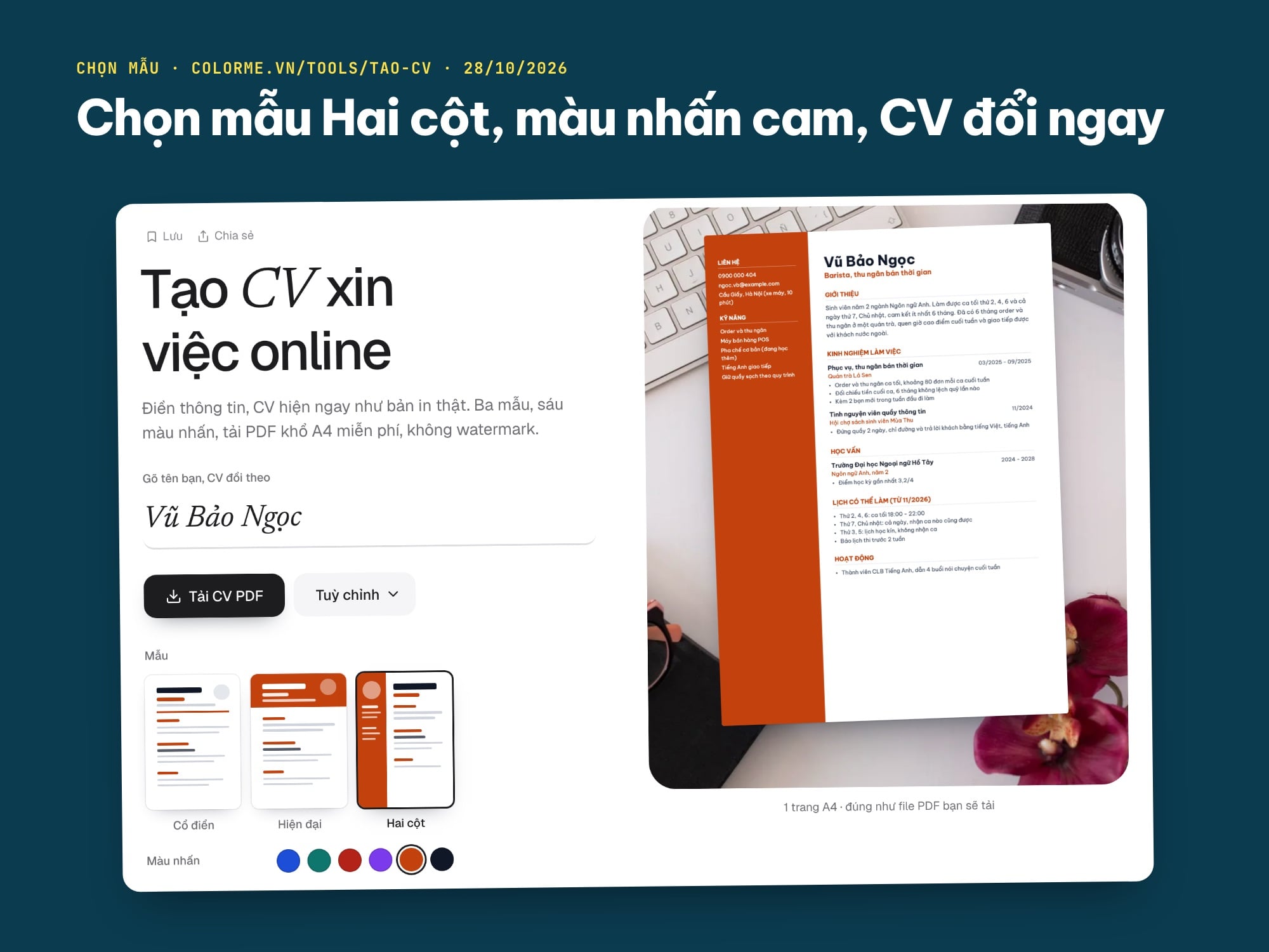 Chọn mẫu CV Hai cột và màu nhấn trong công cụ Tạo CV của ColorME