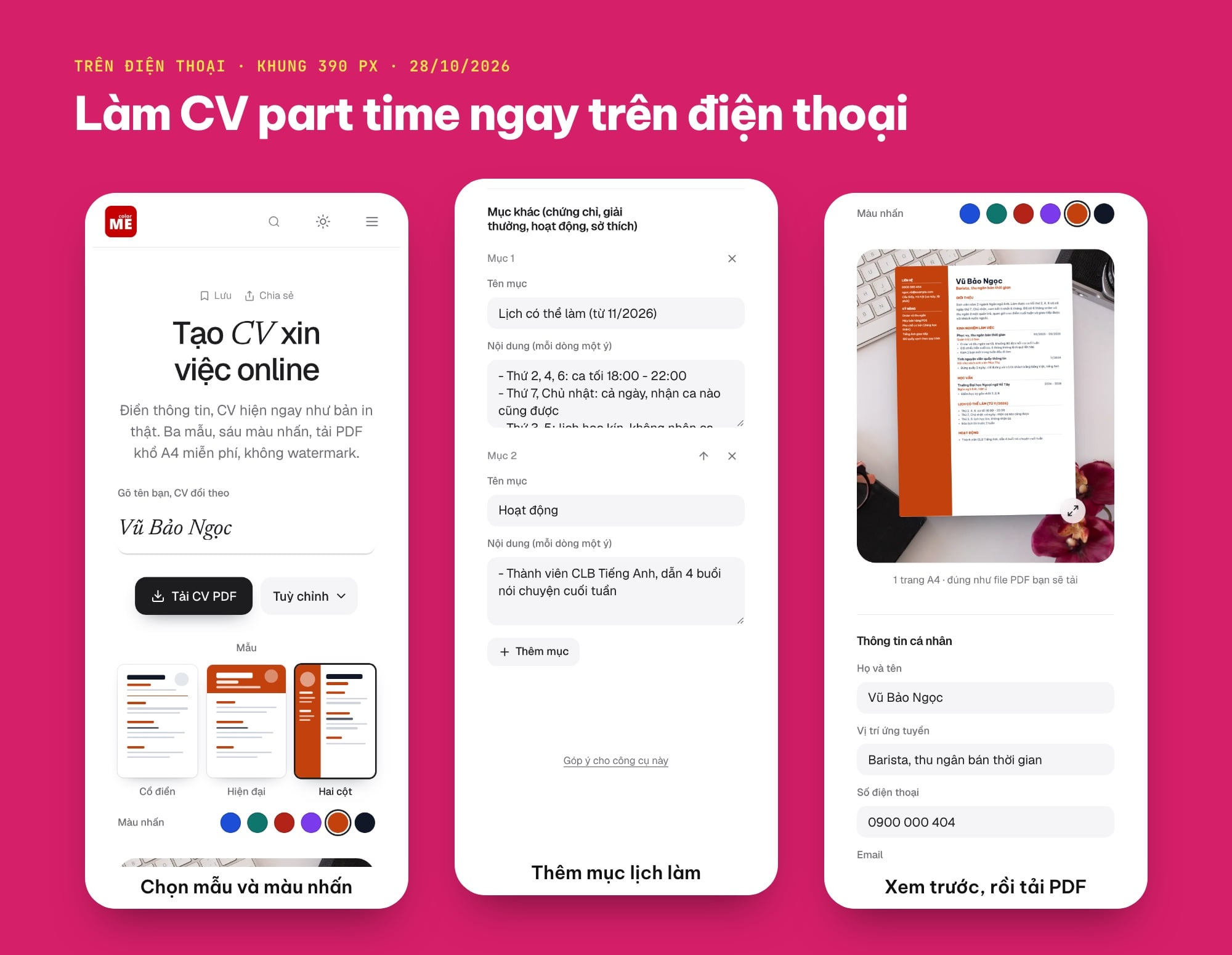 Làm CV part time trên điện thoại bằng công cụ Tạo CV