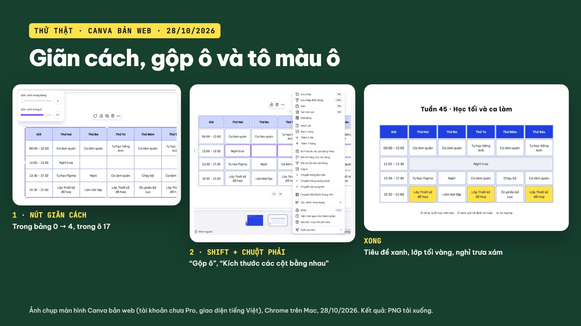Gộp ô và tô màu ô bảng Canva
