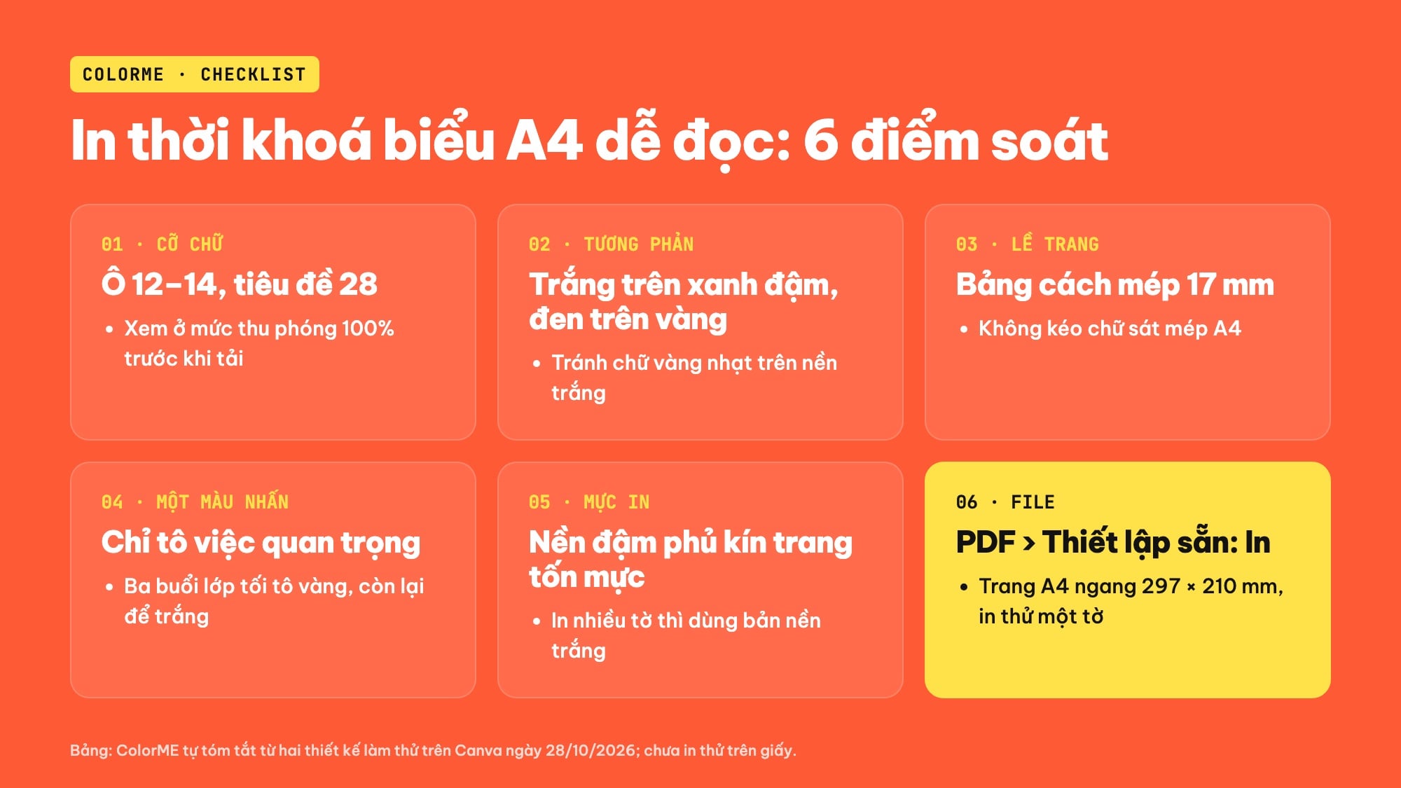 Checklist in thời khóa biểu A4 dễ đọc