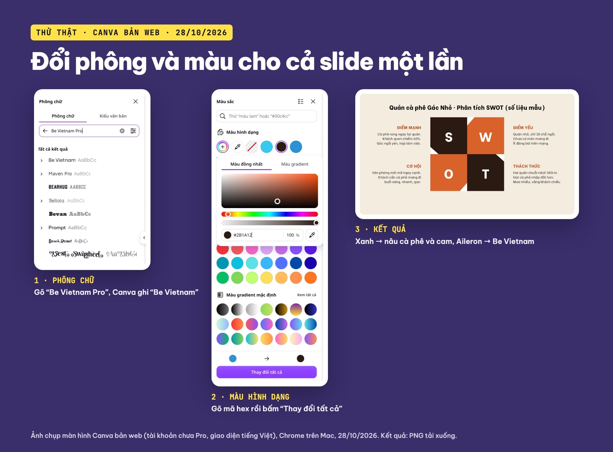 Đổi phông và màu mẫu SWOT Canva