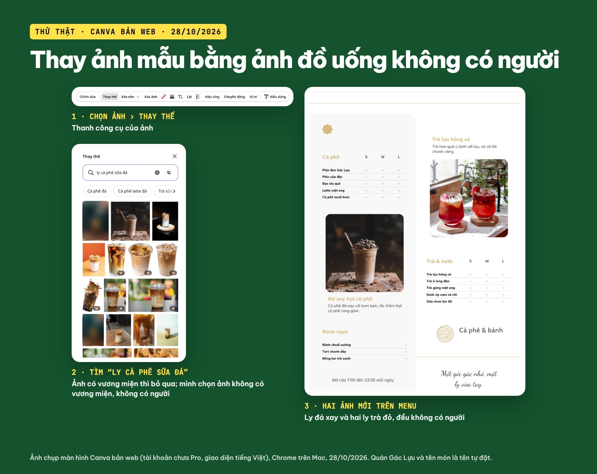 Thay ảnh món trong mẫu menu Canva