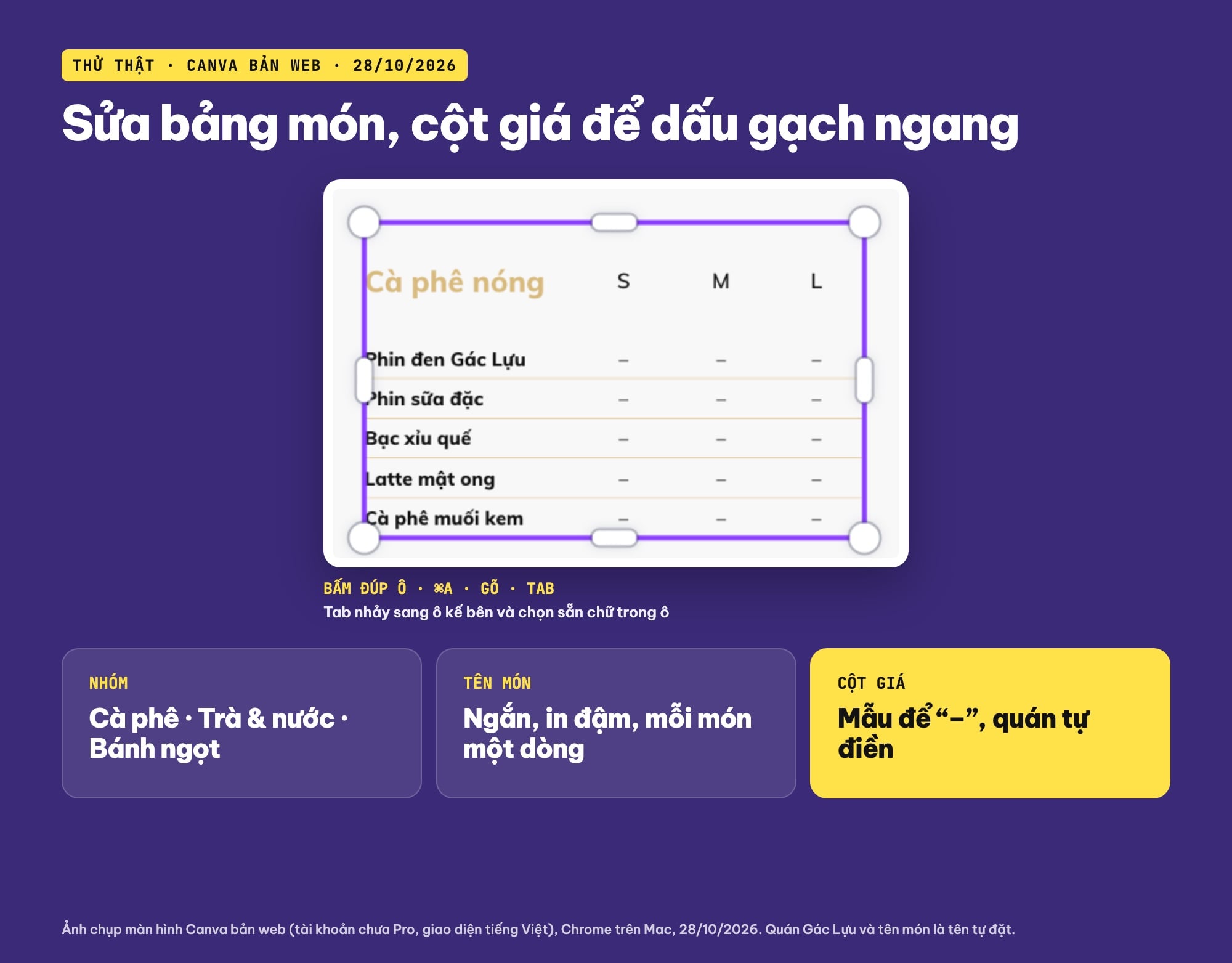 Sửa bảng món và cột giá trong menu Canva