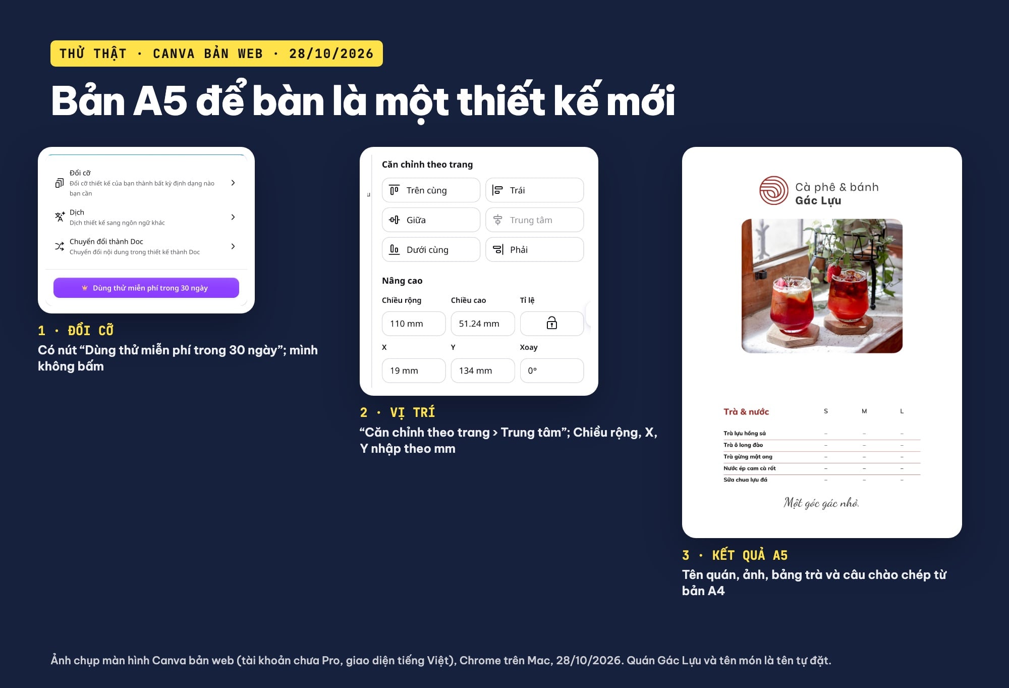 Làm menu A5 để bàn trên Canva