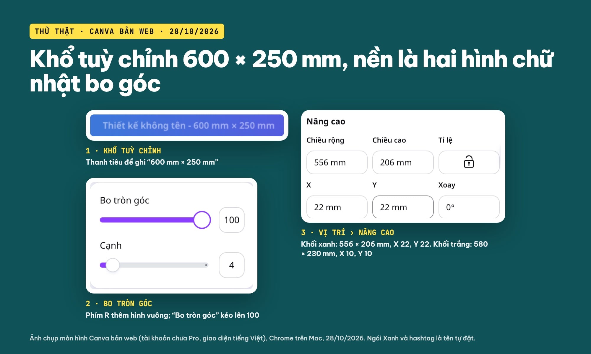 Tạo khổ tuỳ chỉnh và nền bo góc cho hashtag cầm tay trên Canva