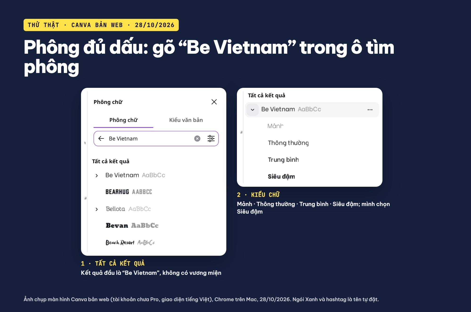 Chọn font Be Vietnam đủ dấu cho hashtag trên Canva