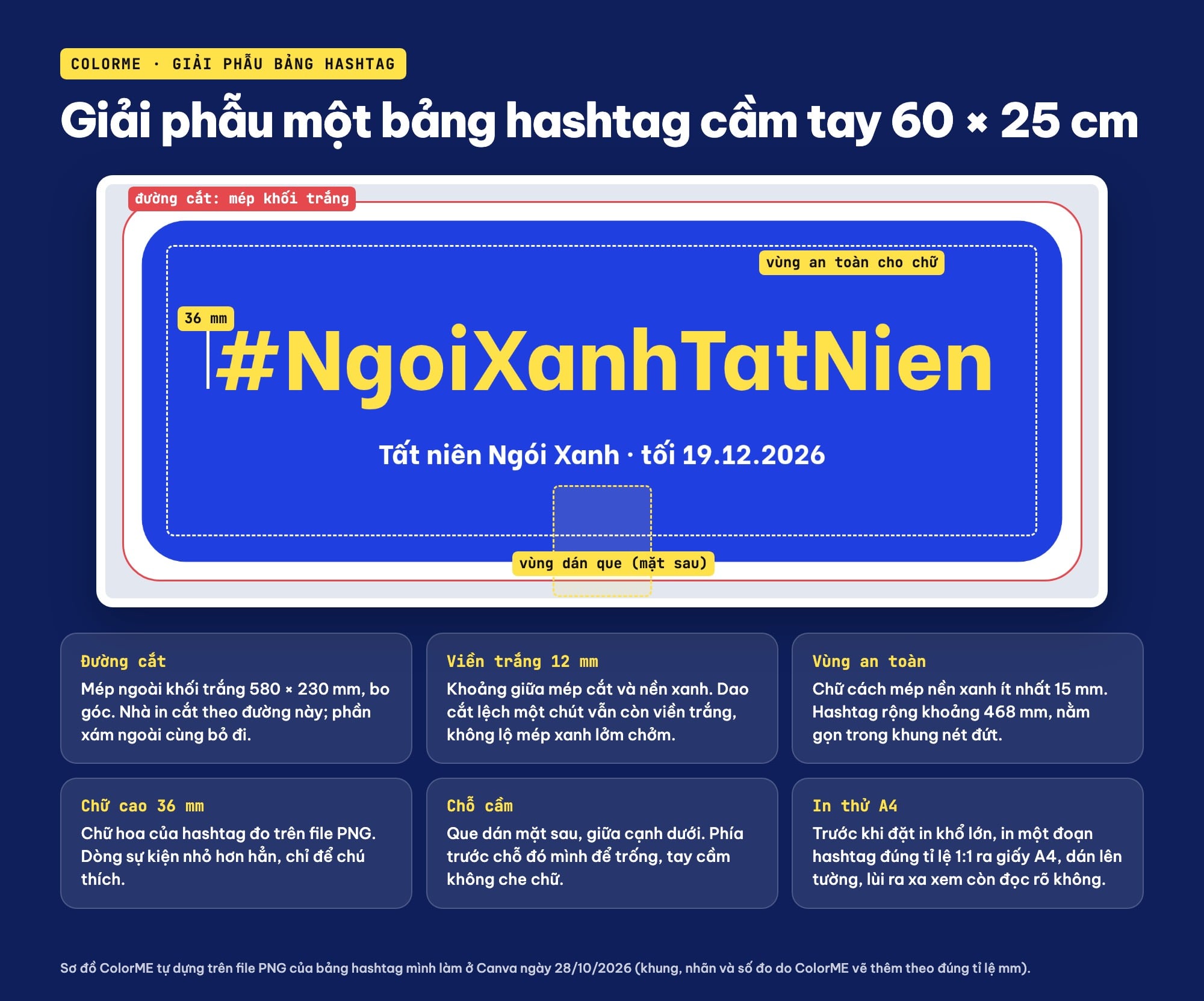 Kích thước và vùng an toàn của hashtag cầm tay khi in