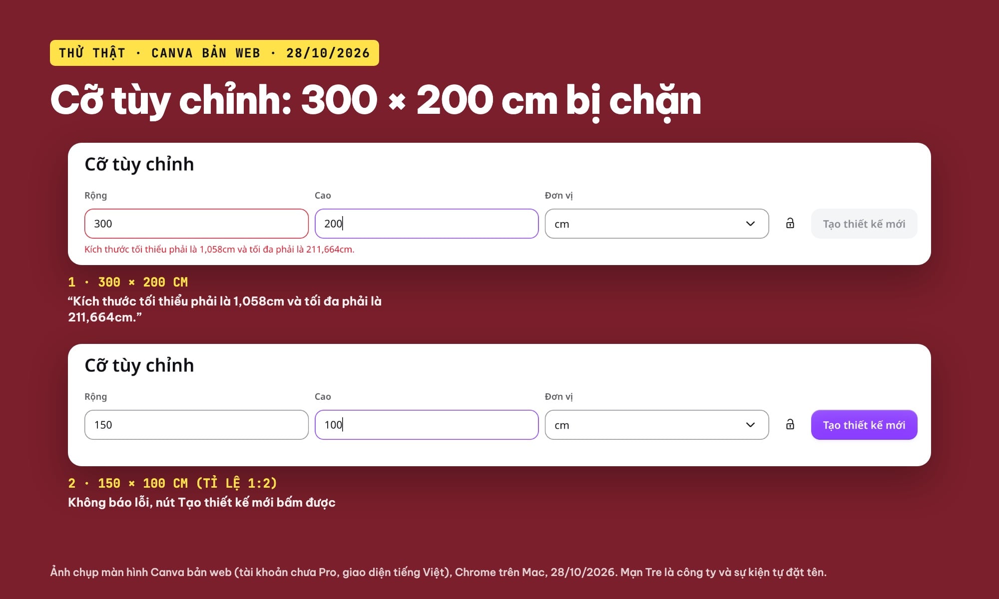 Giới hạn kích thước tùy chỉnh khi thiết kế backdrop trên Canva