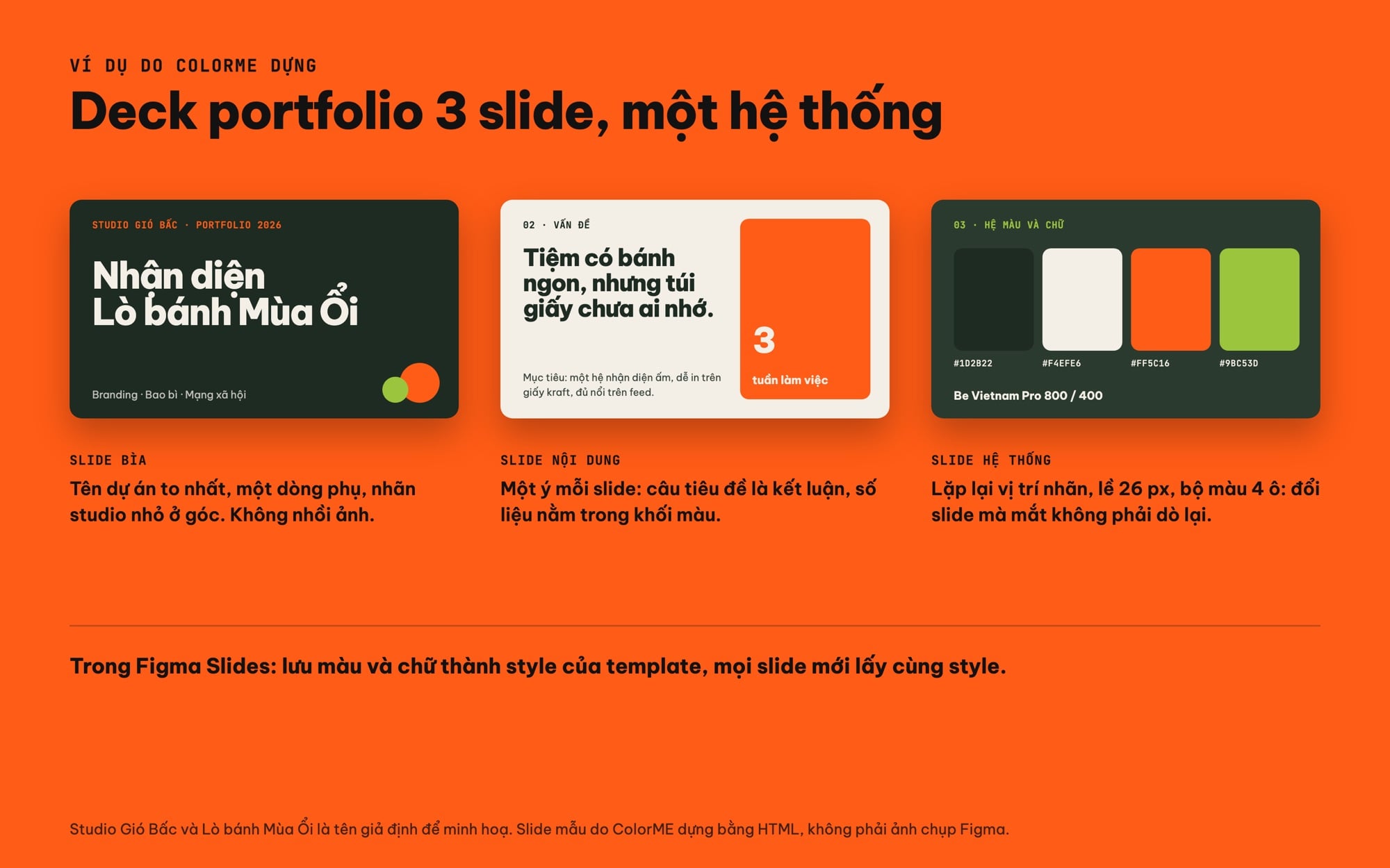 Mẫu deck portfolio 3 slide dùng chung một hệ màu và chữ