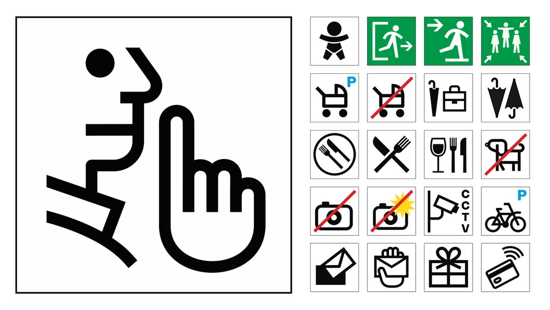 Bộ biểu tượng đen trắng: bên trái là một biểu tượng lớn bàn tay chỉ vào tác phẩm, bên phải là lưới biểu tượng nhỏ về lối thoát hiểm, xe đẩy, nhà hàng, cấm chụp ảnh, cấm chạm