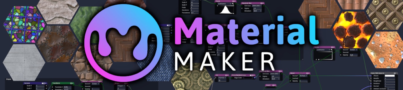 Băng rôn Material Maker: logo chữ M tròn và chữ Material Maker giữa các ô lục giác chứa mẫu vật liệu như gạch, gỗ lát sàn, vải jean, đá, kính màu và dung nham
