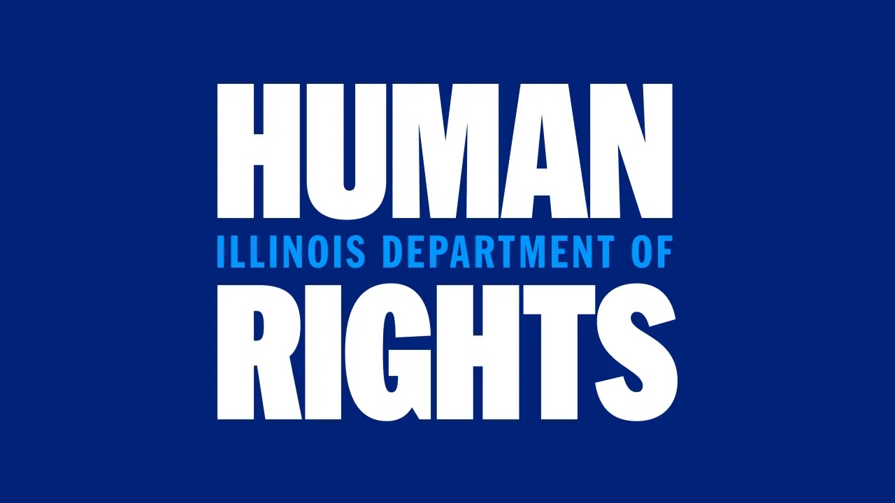 Logo chữ trắng trên nền xanh dương đậm: HUMAN ở trên, RIGHTS ở dưới, dòng nhỏ ILLINOIS DEPARTMENT OF nằm giữa