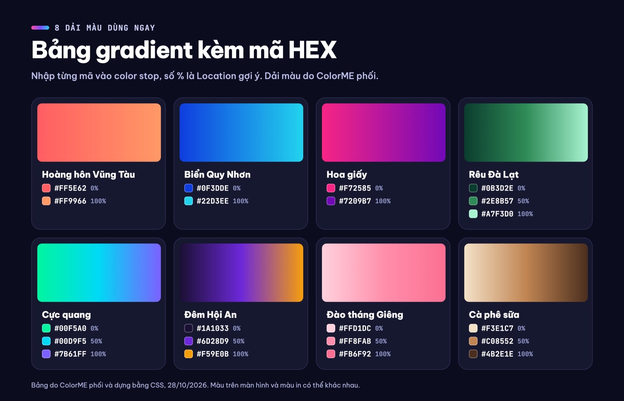 8 dải màu gradient kèm mã HEX