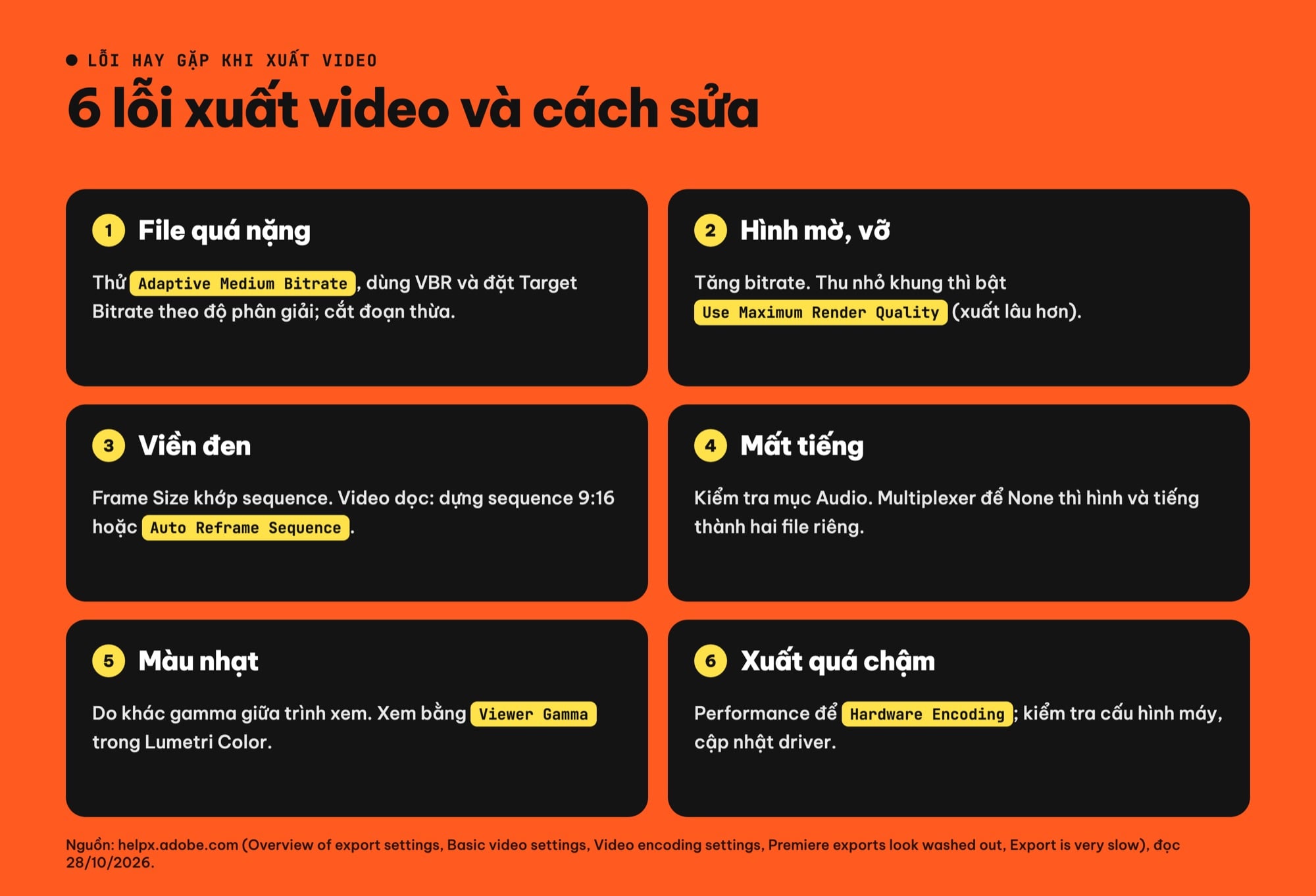 Lỗi xuất video Premiere: file nặng, mờ, viền đen, mất tiếng