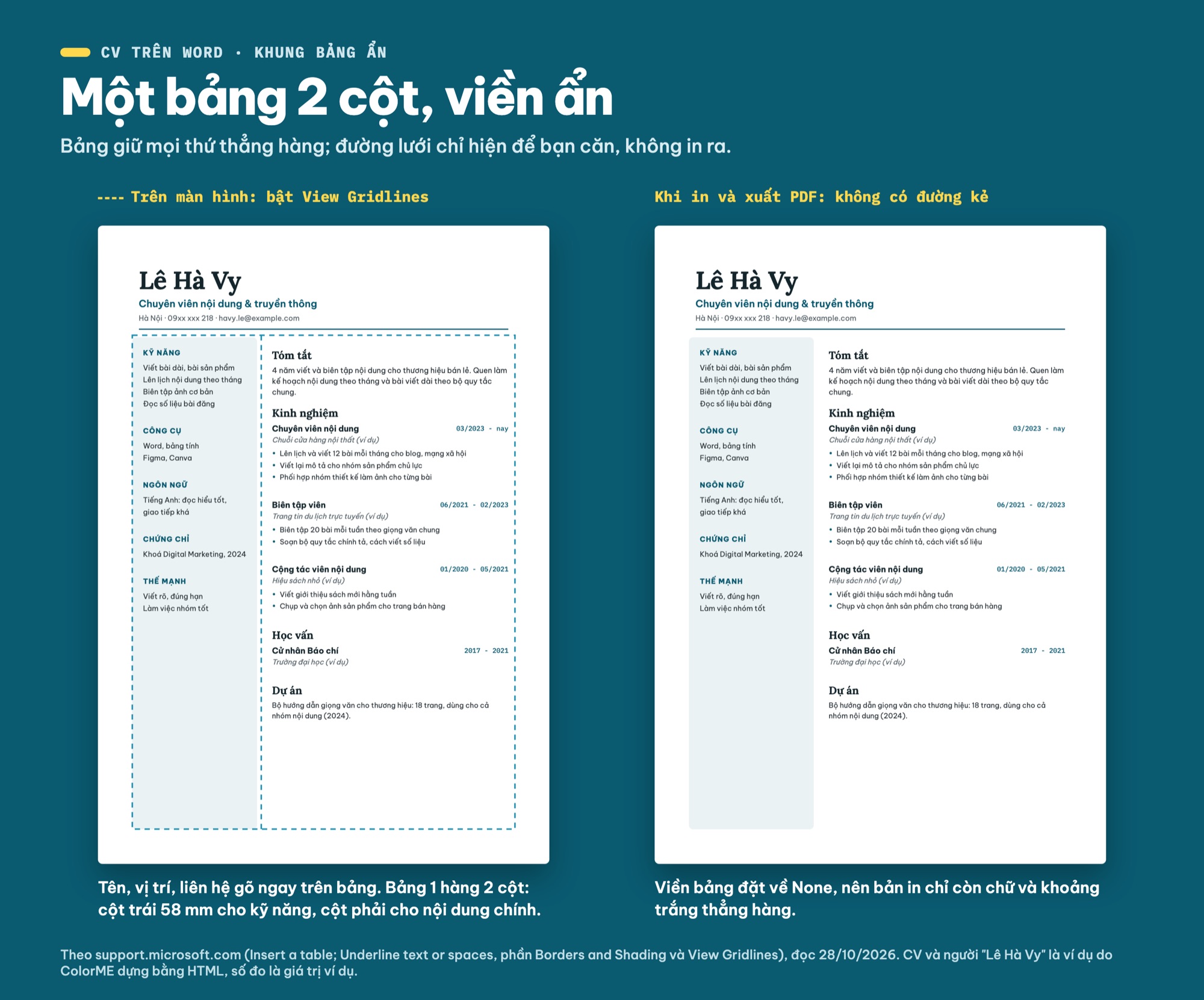Cách tạo CV trên Word bằng bảng 2 cột ẩn viền