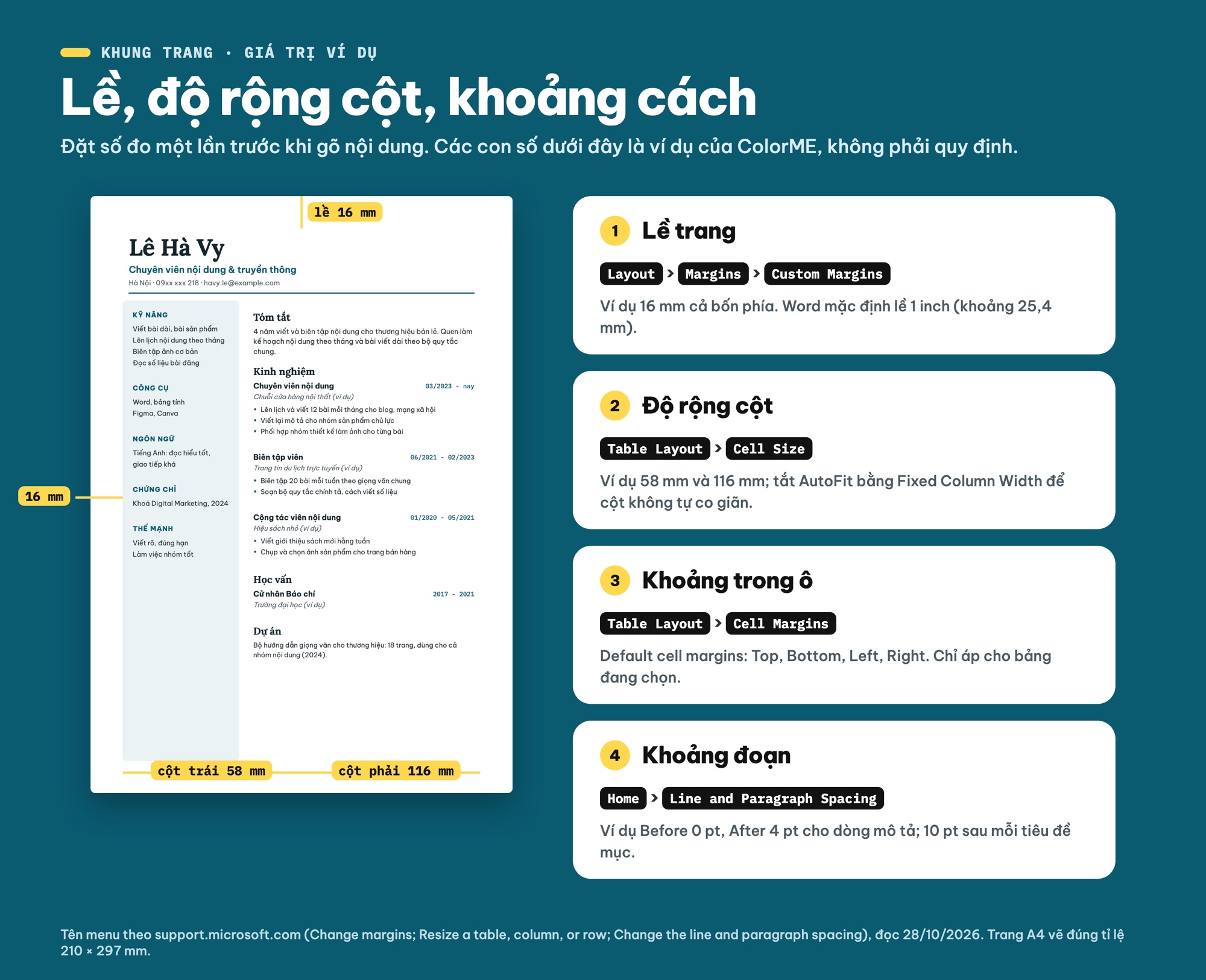 Lề, độ rộng cột và khoảng cách trong CV Word