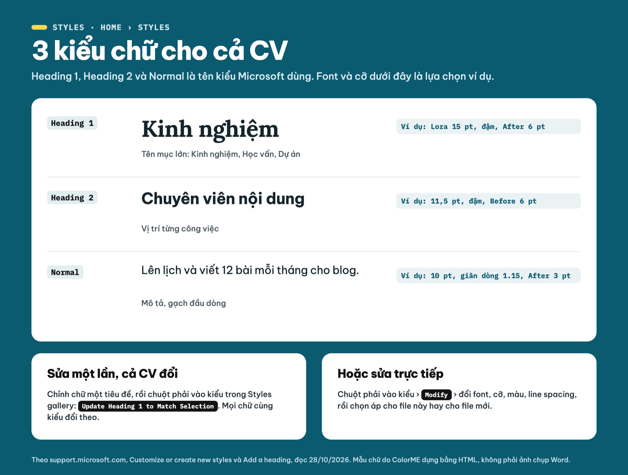 Styles Heading 1, Heading 2, Normal cho CV trên Word