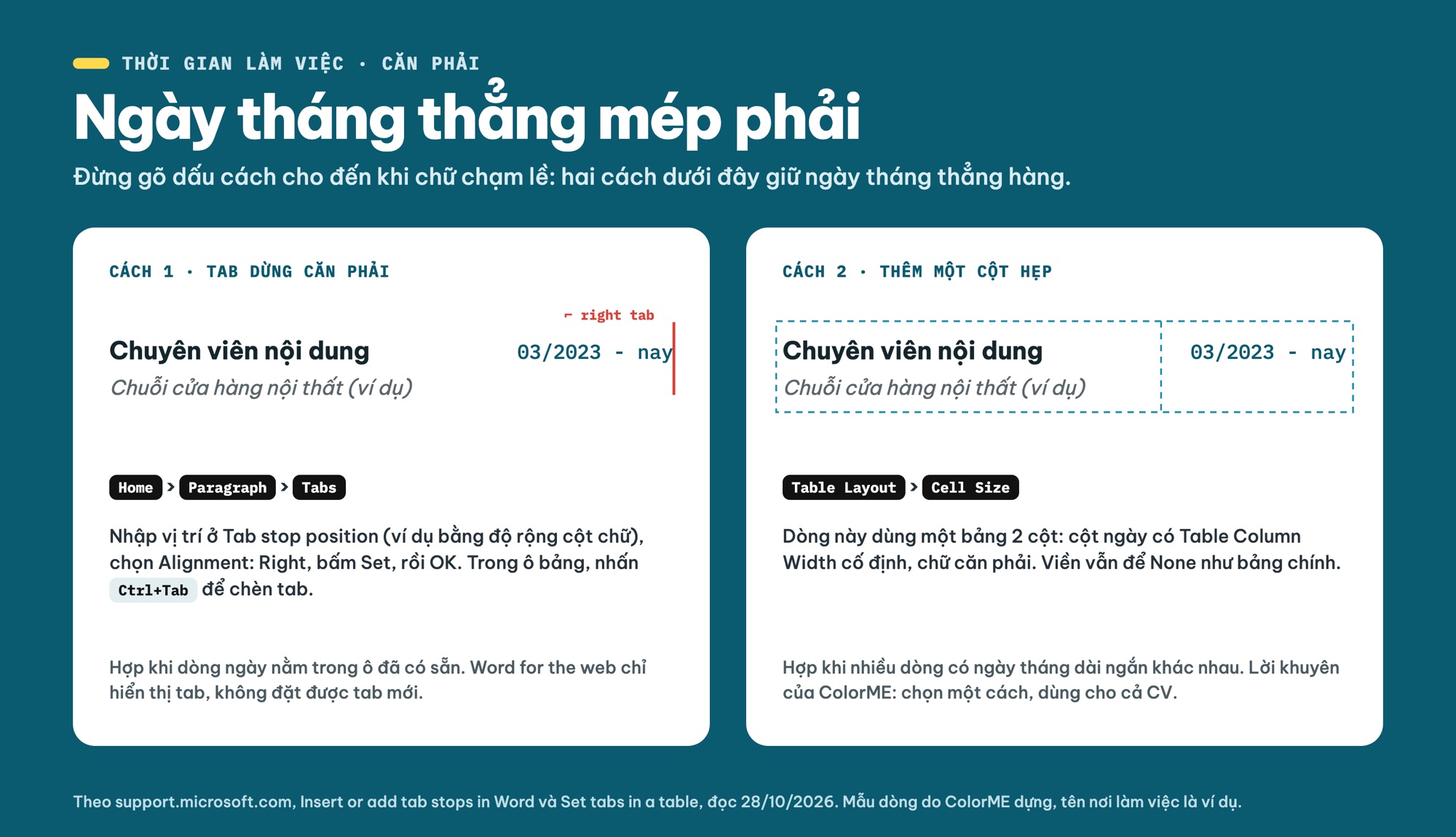 Căn ngày tháng bên phải trong CV Word bằng tab