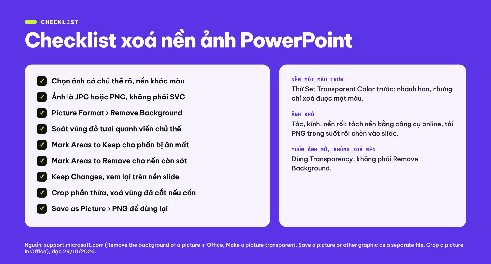 Checklist xóa nền ảnh PowerPoint