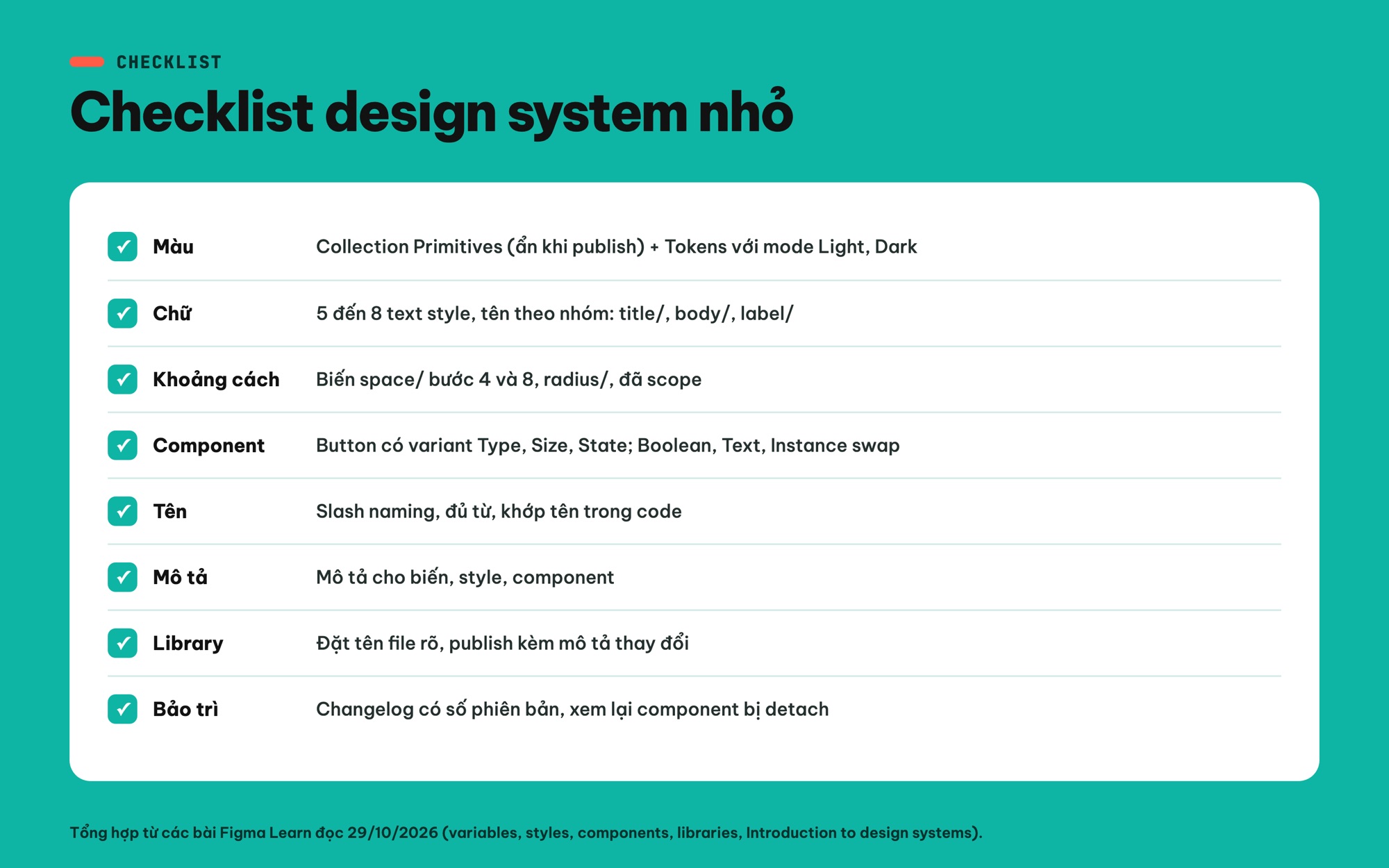 Checklist design system nhỏ trong Figma