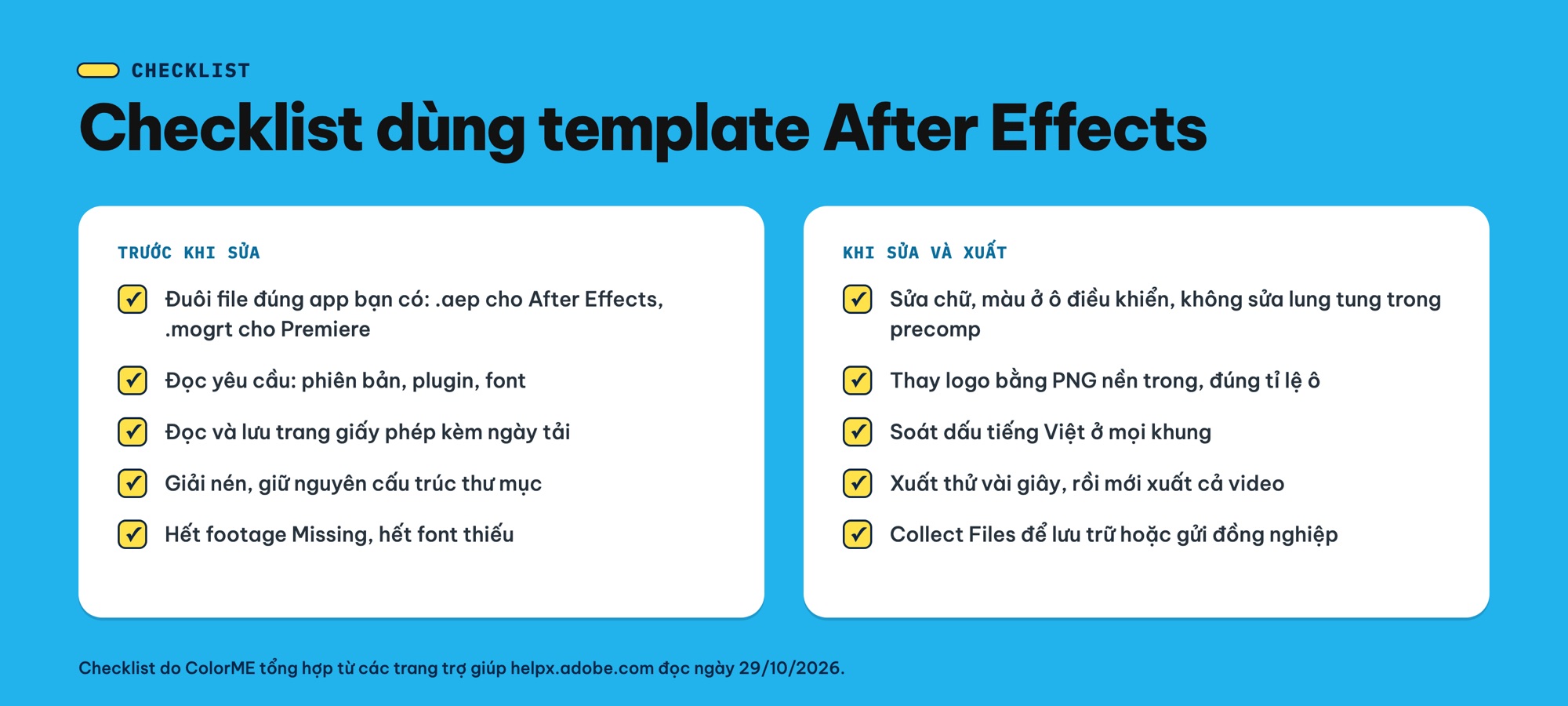 Checklist dùng template After Effects