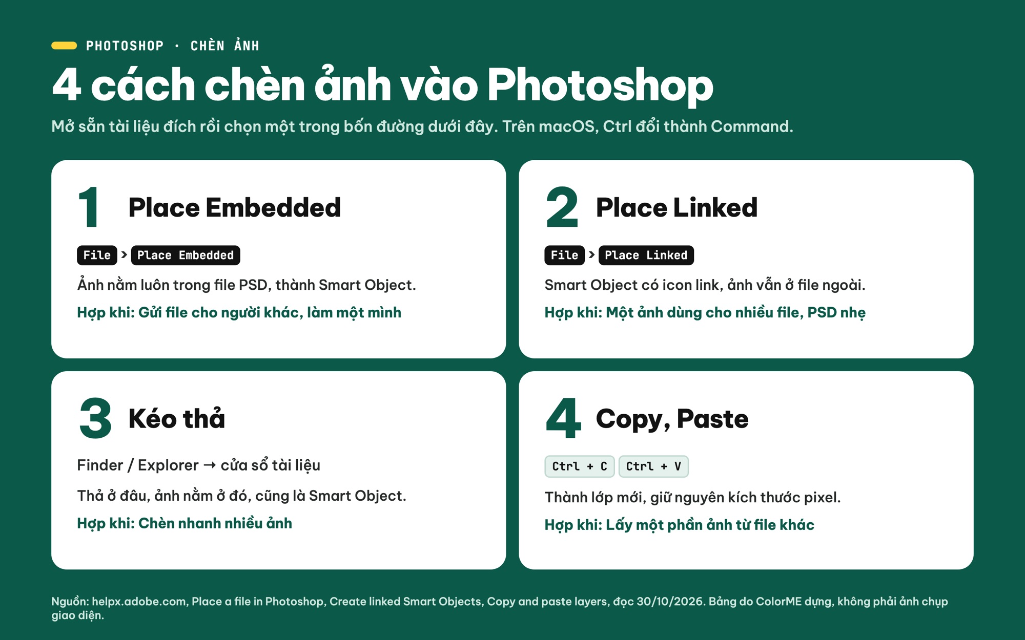 4 cách chèn ảnh vào Photoshop: Place Embedded, Place Linked, kéo thả, copy paste