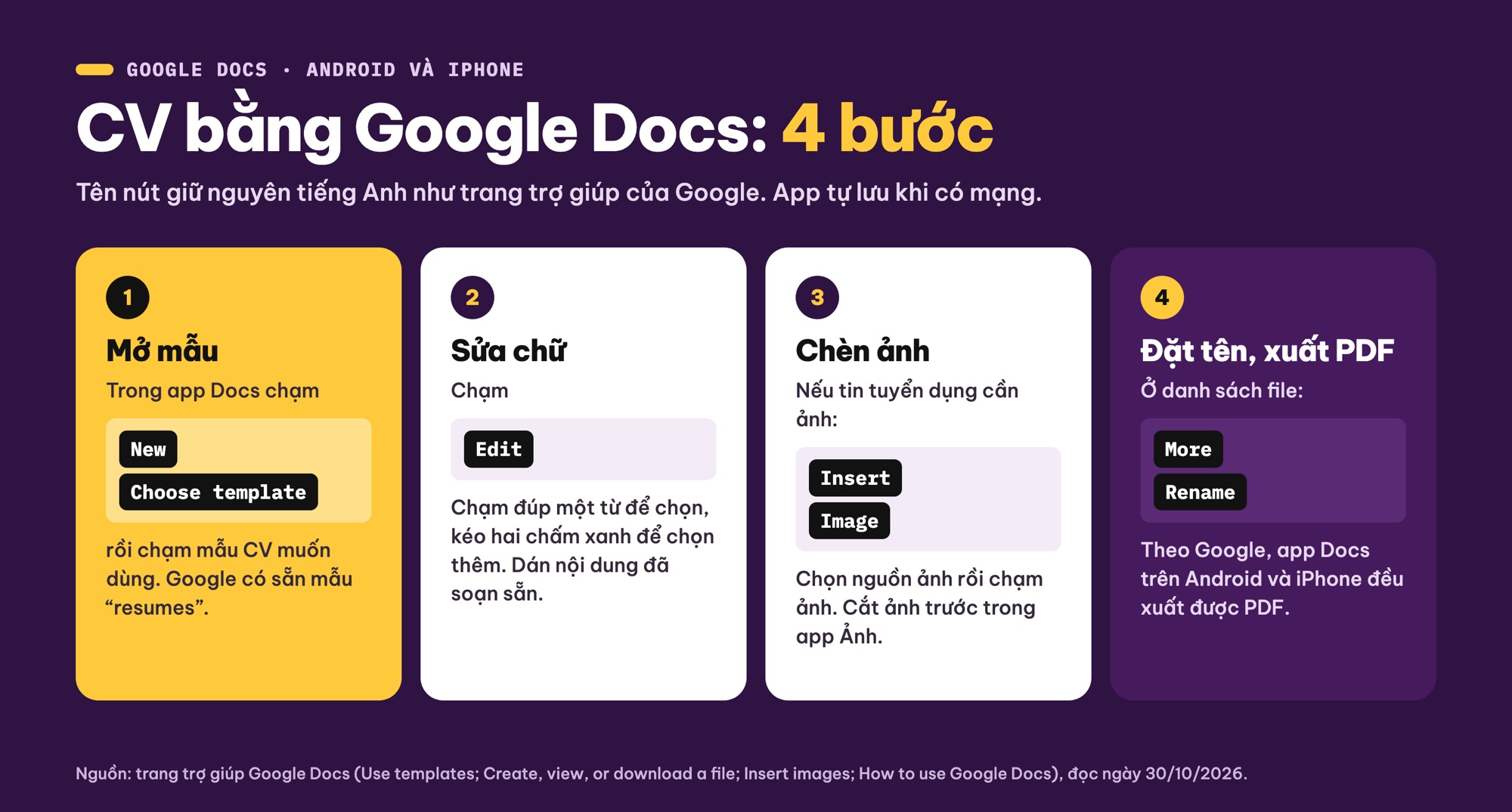 Tạo CV trên điện thoại bằng Google Docs: New, Choose template, Edit, Rename