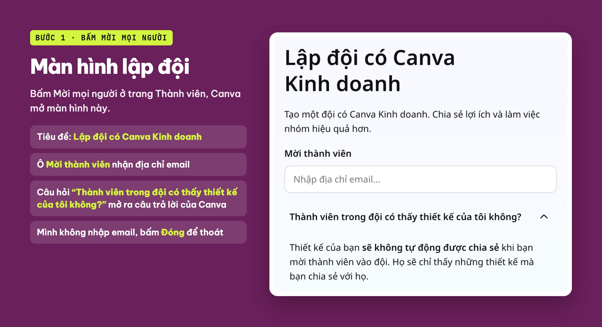 Màn hình lập đội và mời thành viên trên Canva