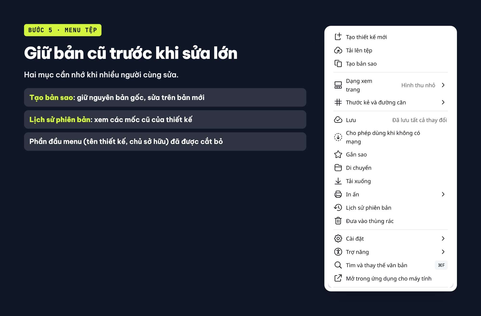 Tạo bản sao và lịch sử phiên bản trong menu Tệp của Canva