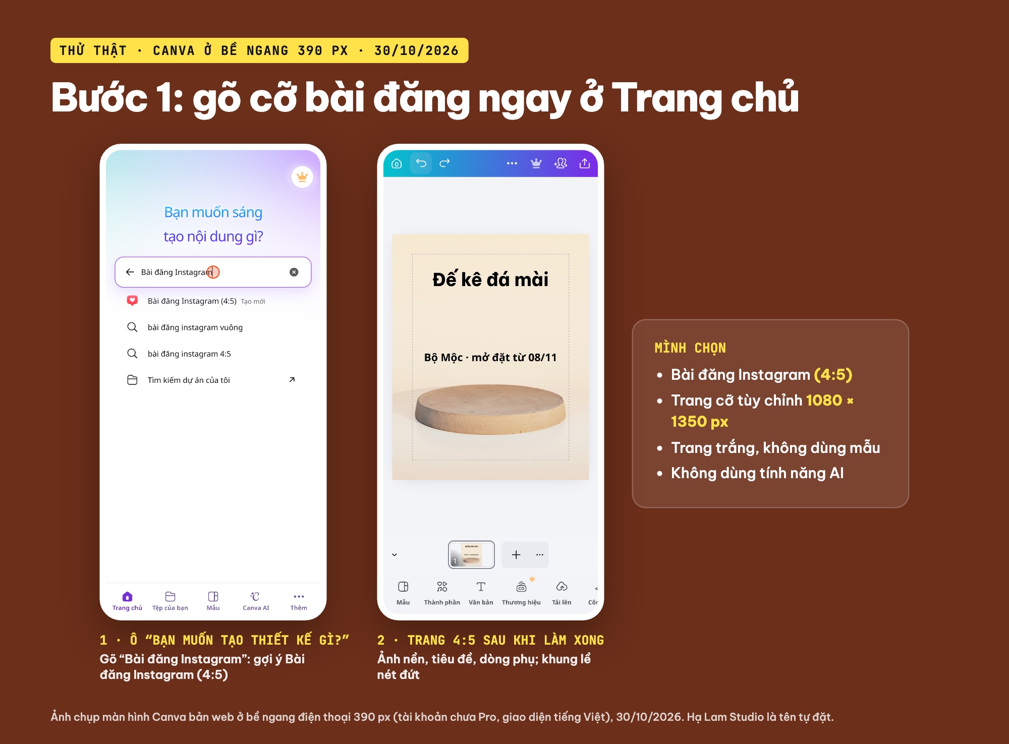 Cách dùng Canva trên điện thoại: chọn cỡ bài đăng