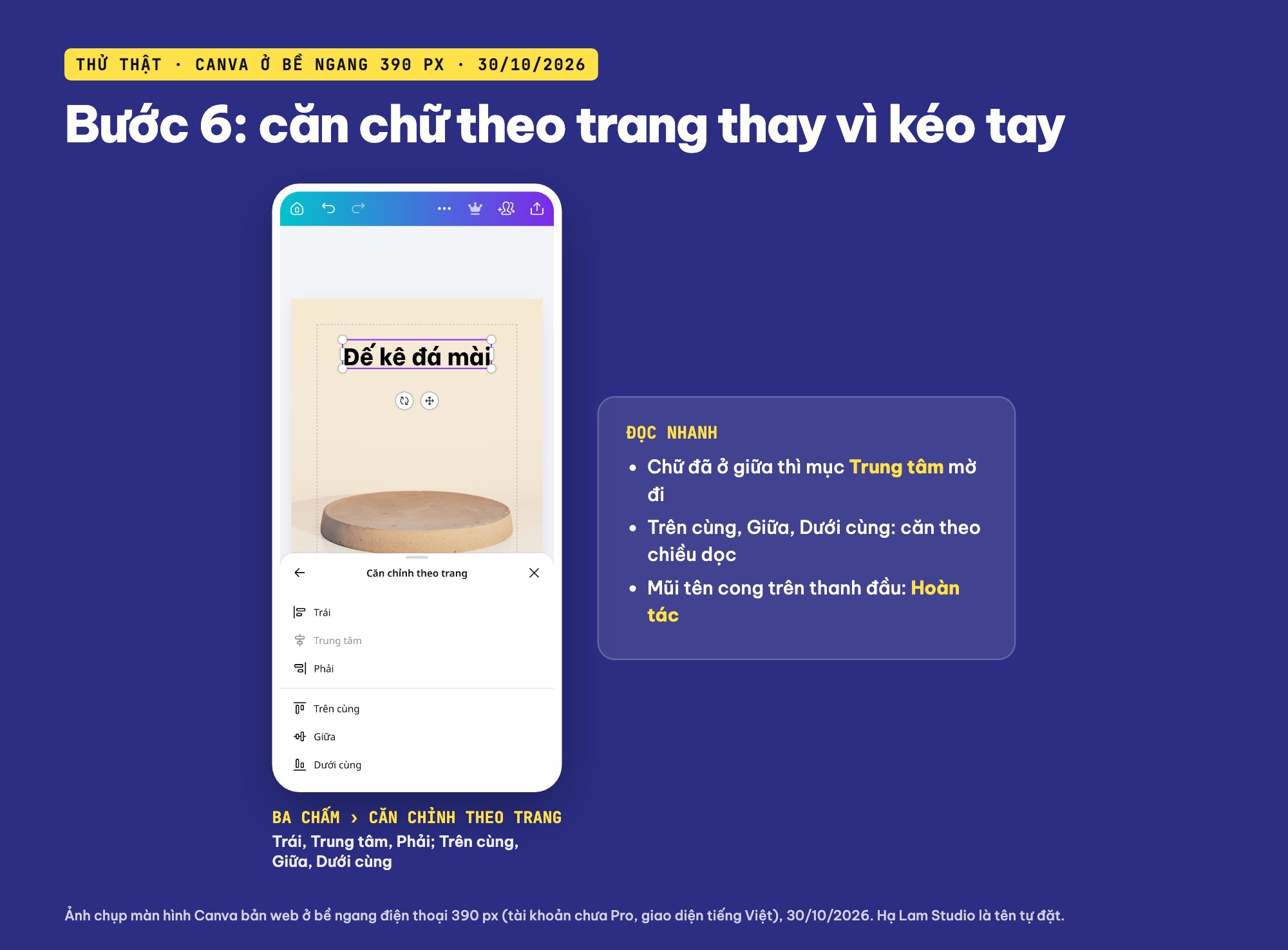 Căn chữ giữa trang trên Canva điện thoại