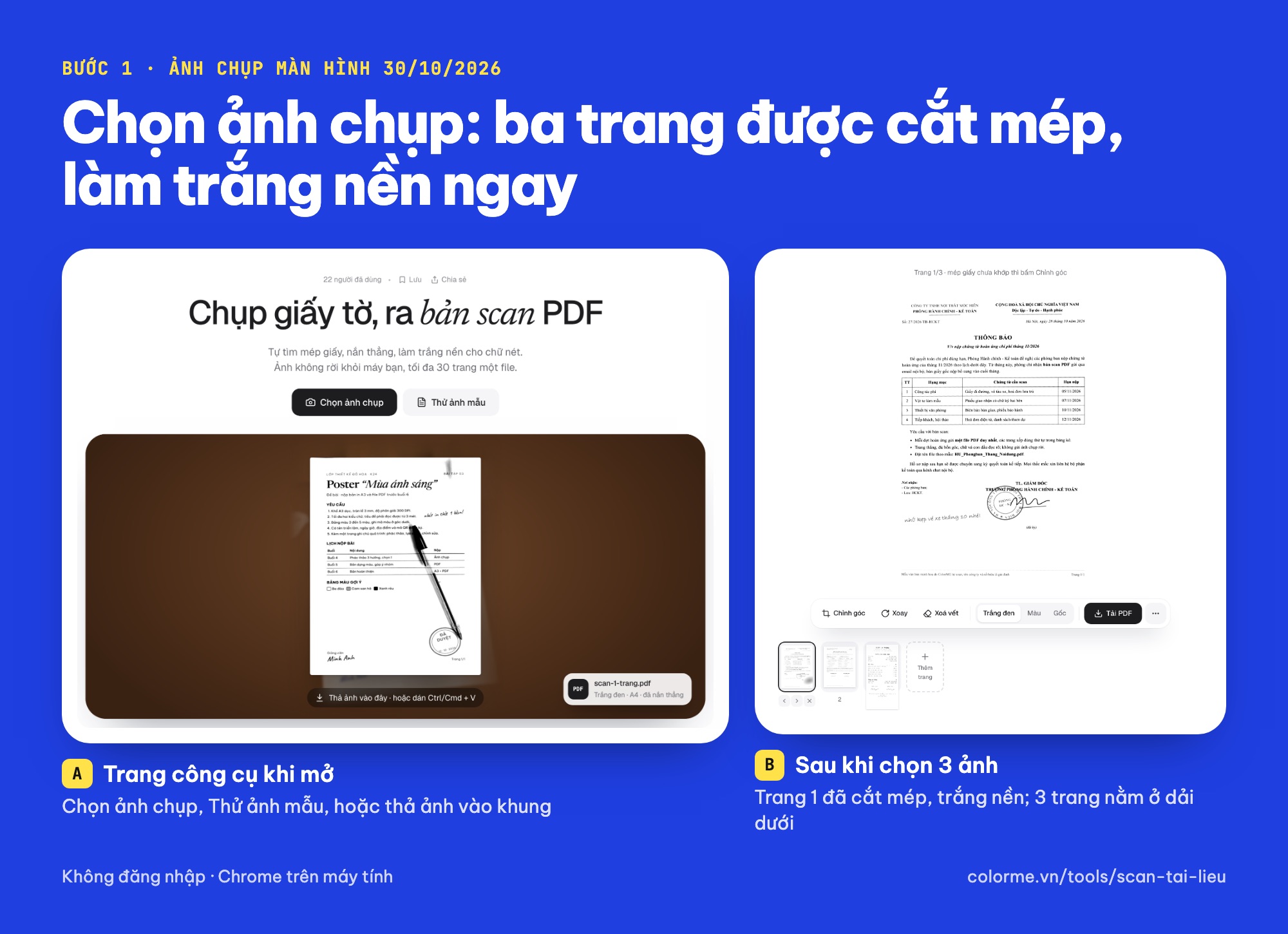 Scan tài liệu online trên ColorME: chọn ảnh chụp, công cụ tự cắt mép và làm trắng nền