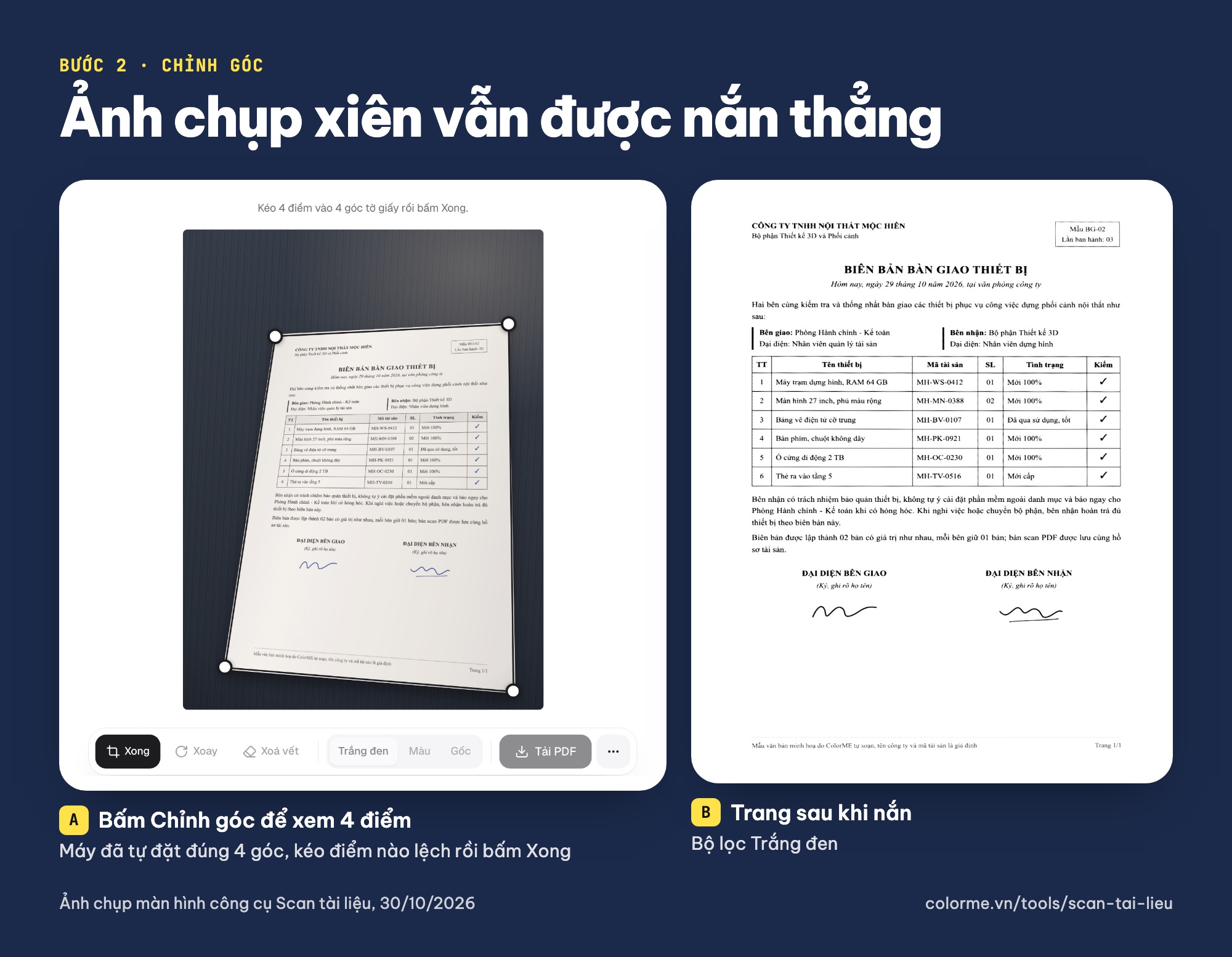 Chỉnh góc khi scan ảnh thành PDF: kéo 4 điểm vào 4 góc tờ giấy chụp nghiêng