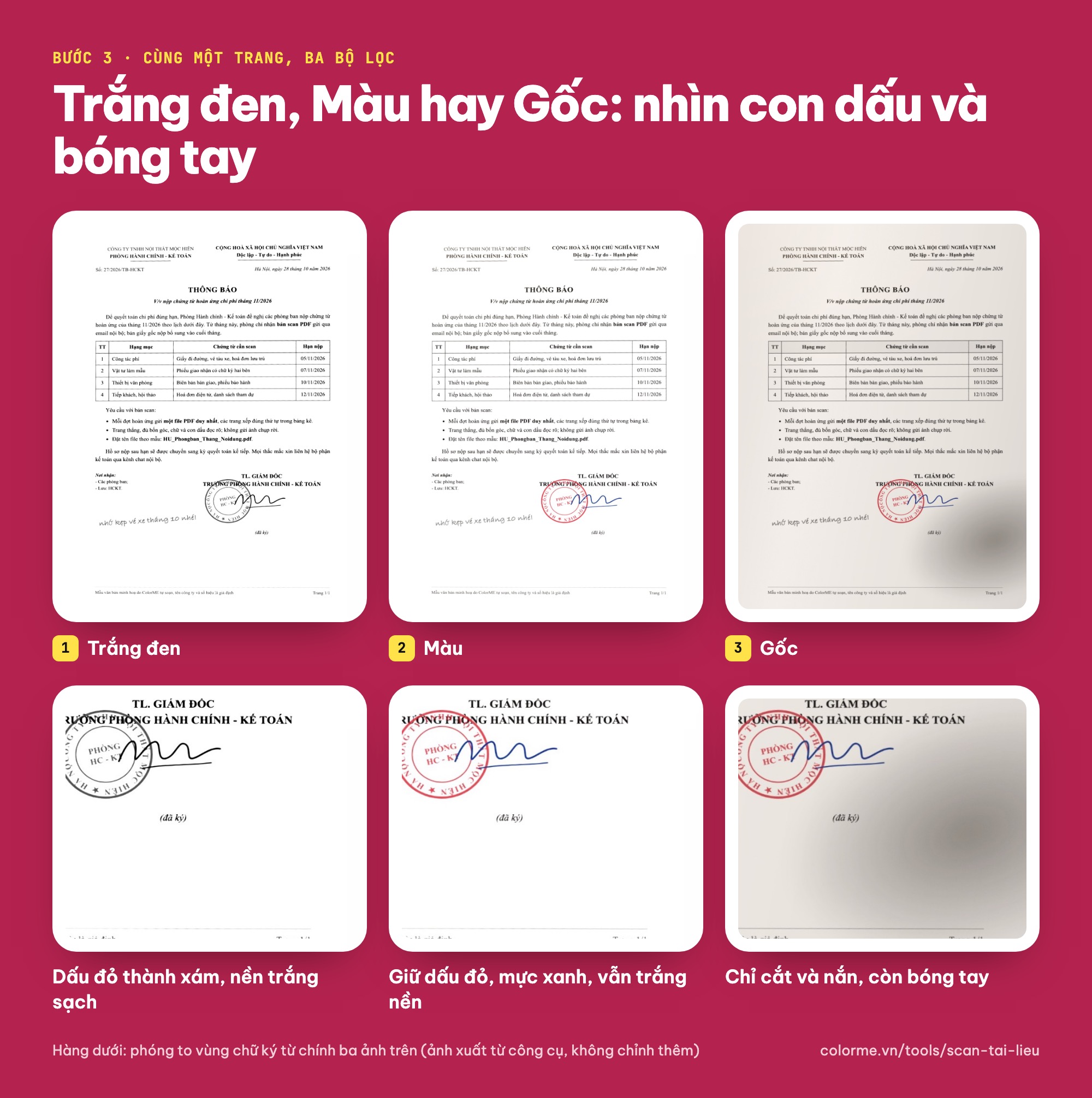 So sánh bộ lọc Trắng đen, Màu, Gốc khi scan tài liệu: con dấu đỏ và bóng tay