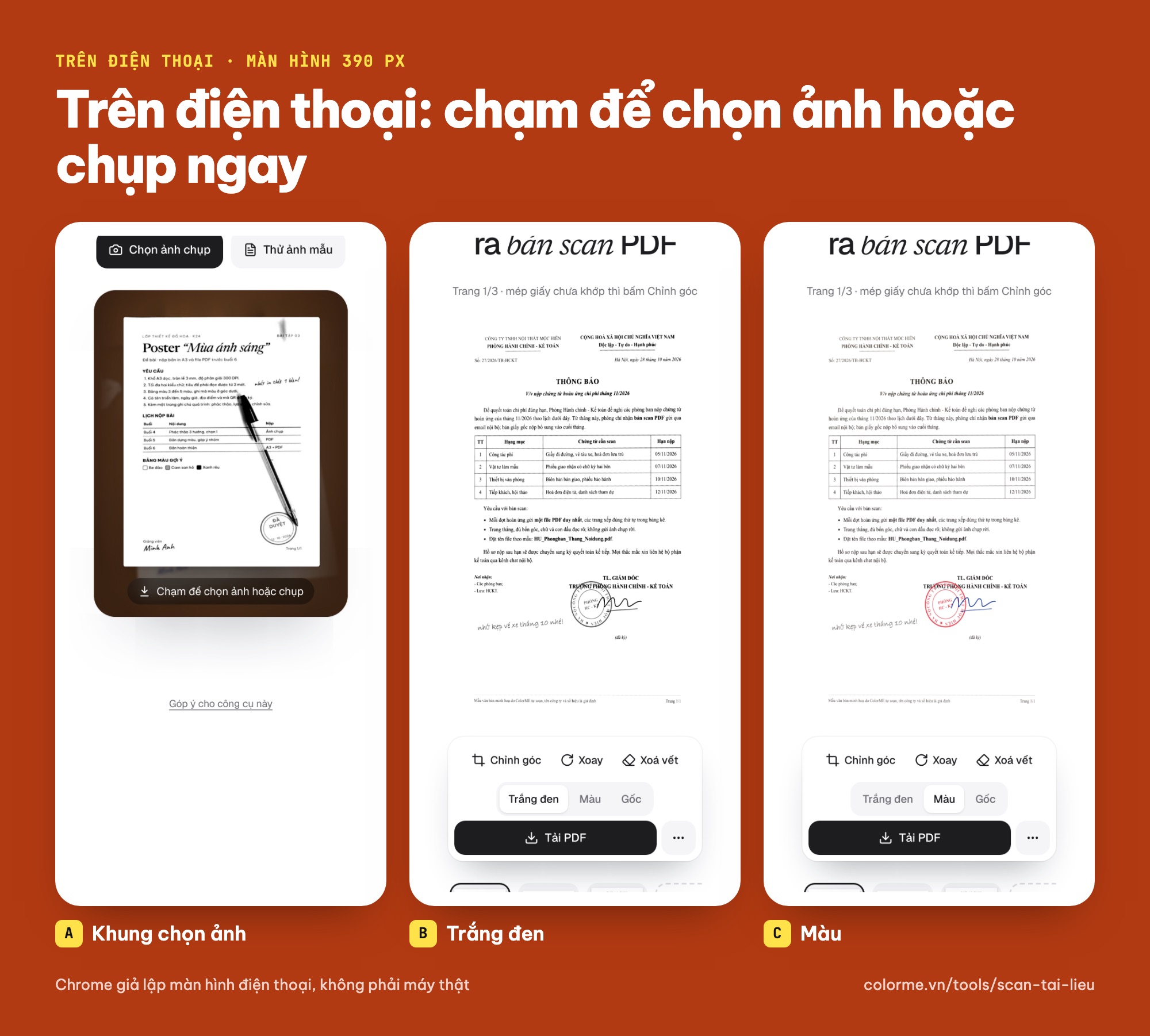 Scan tài liệu bằng điện thoại trên trình duyệt: giao diện công cụ Scan tài liệu ColorME