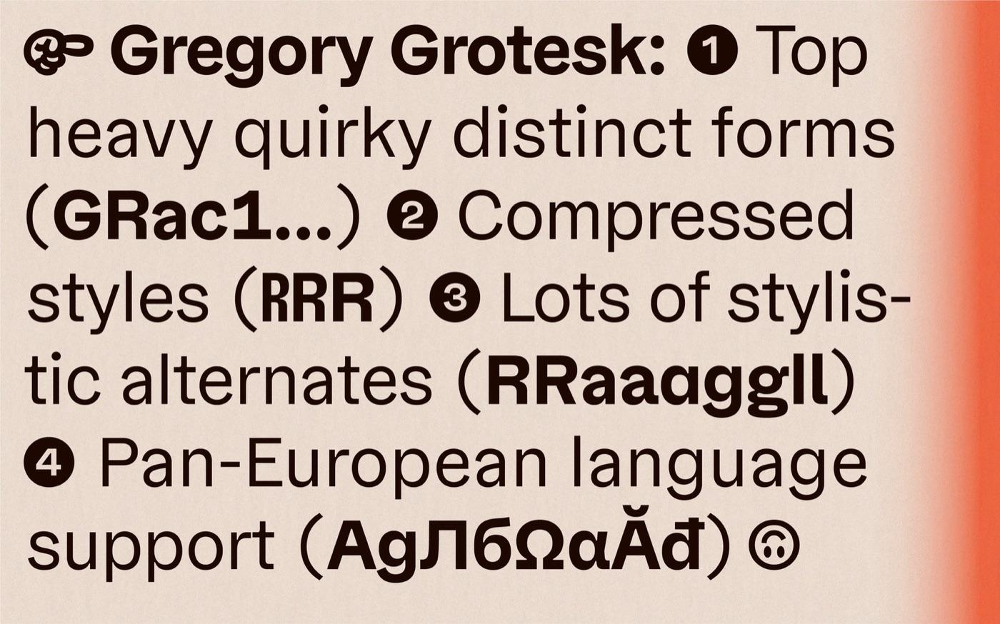 Bảng giới thiệu Gregory Grotesk chữ đen trên nền giấy kem, liệt kê bốn đặc điểm: chữ hoa nặng phần trên, các kiểu Compressed, nhiều ký tự thay thế, hỗ trợ ngôn ngữ châu Âu, kèm các ký tự mẫu có cả Ă và đ