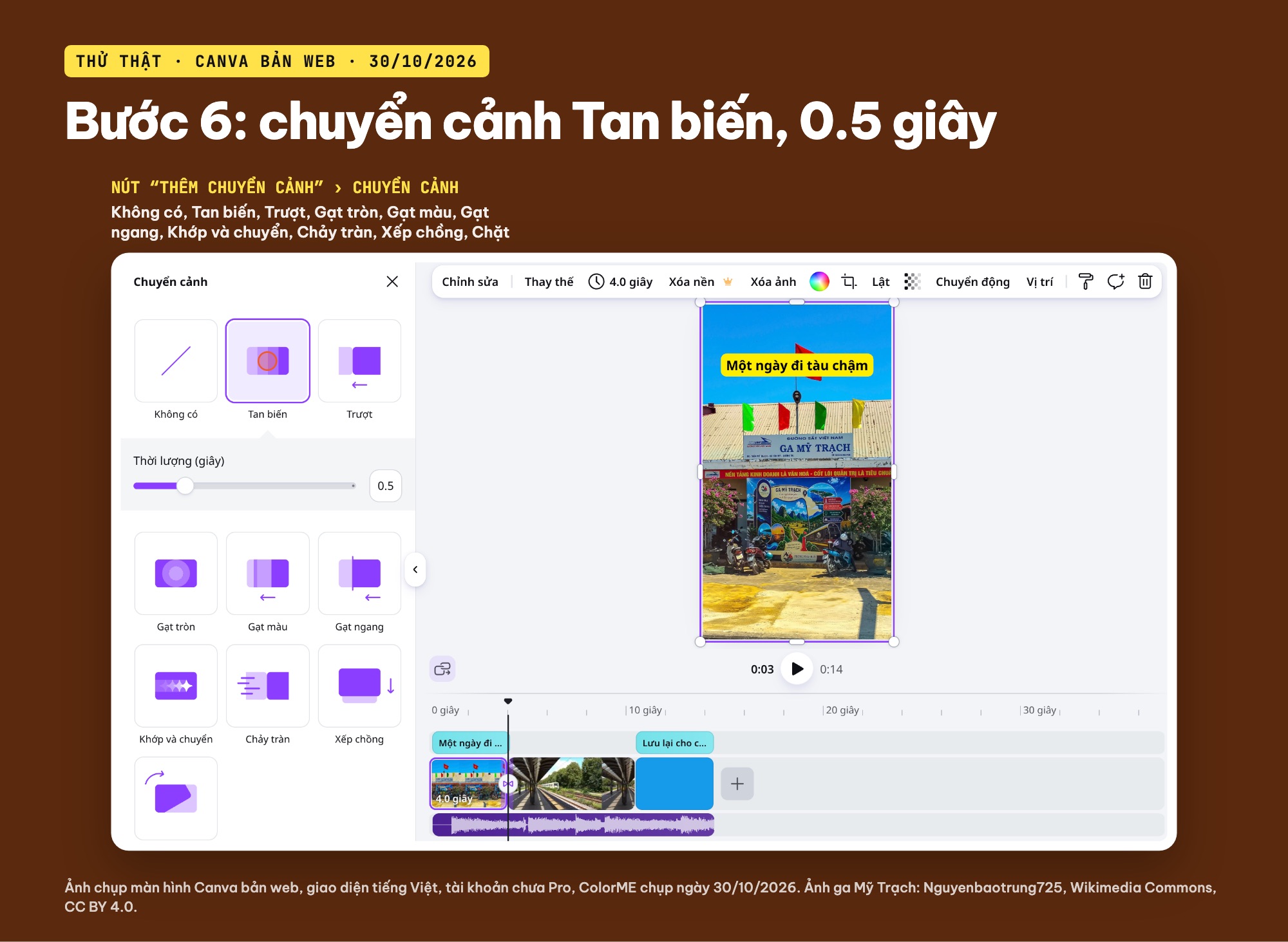 Thêm chuyển cảnh Tan biến giữa các trang video Canva
