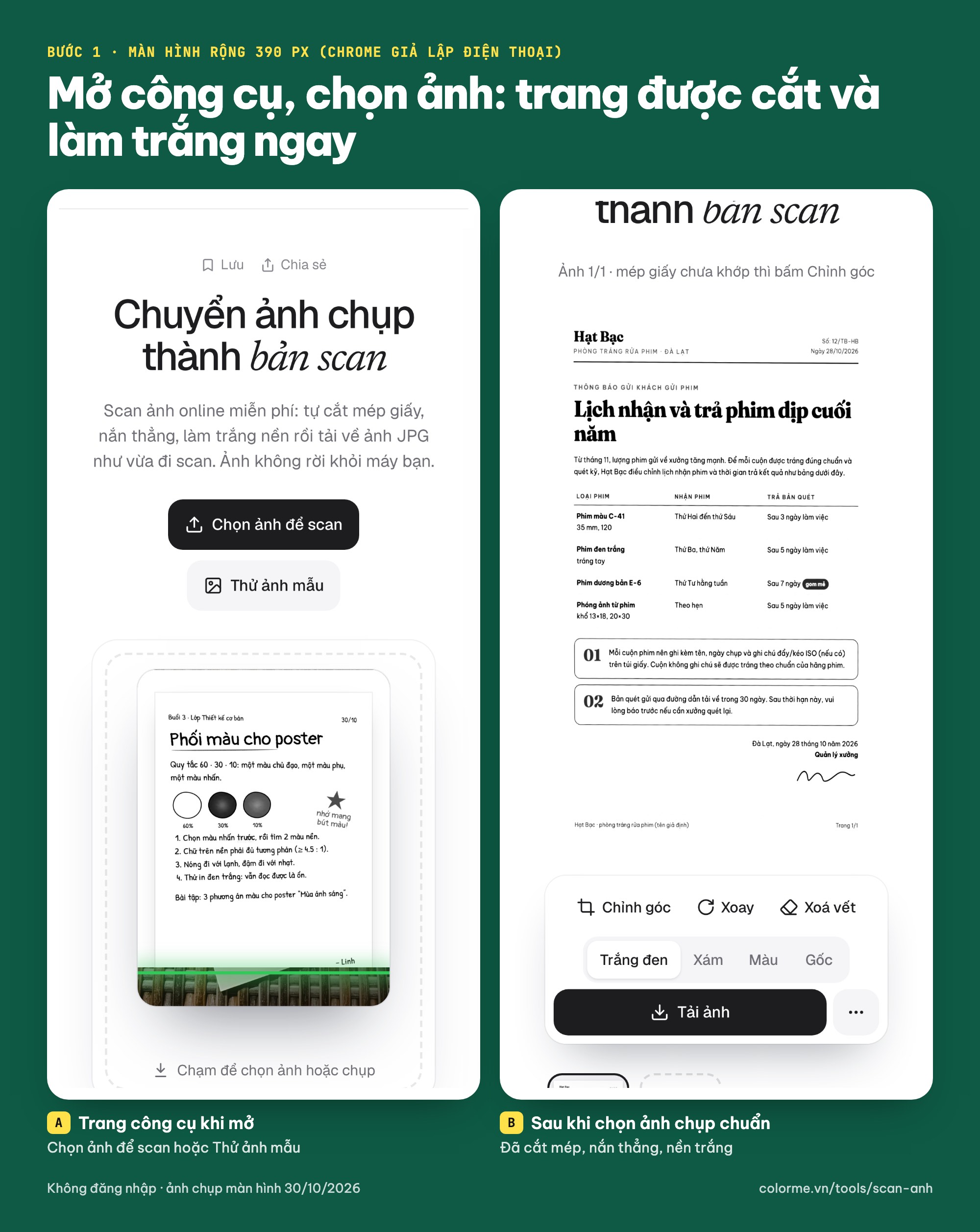 Scan ảnh online trên điện thoại: mở công cụ Scan ảnh ColorME và chọn ảnh chụp