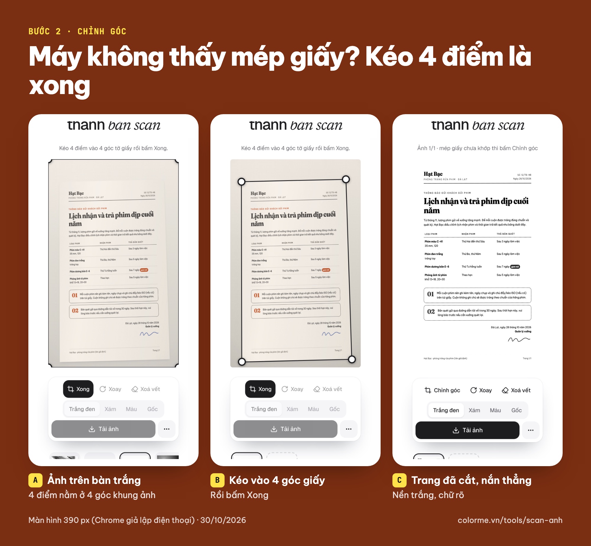 Chỉnh góc khi scan ảnh bằng điện thoại: kéo 4 điểm vào 4 góc tờ giấy