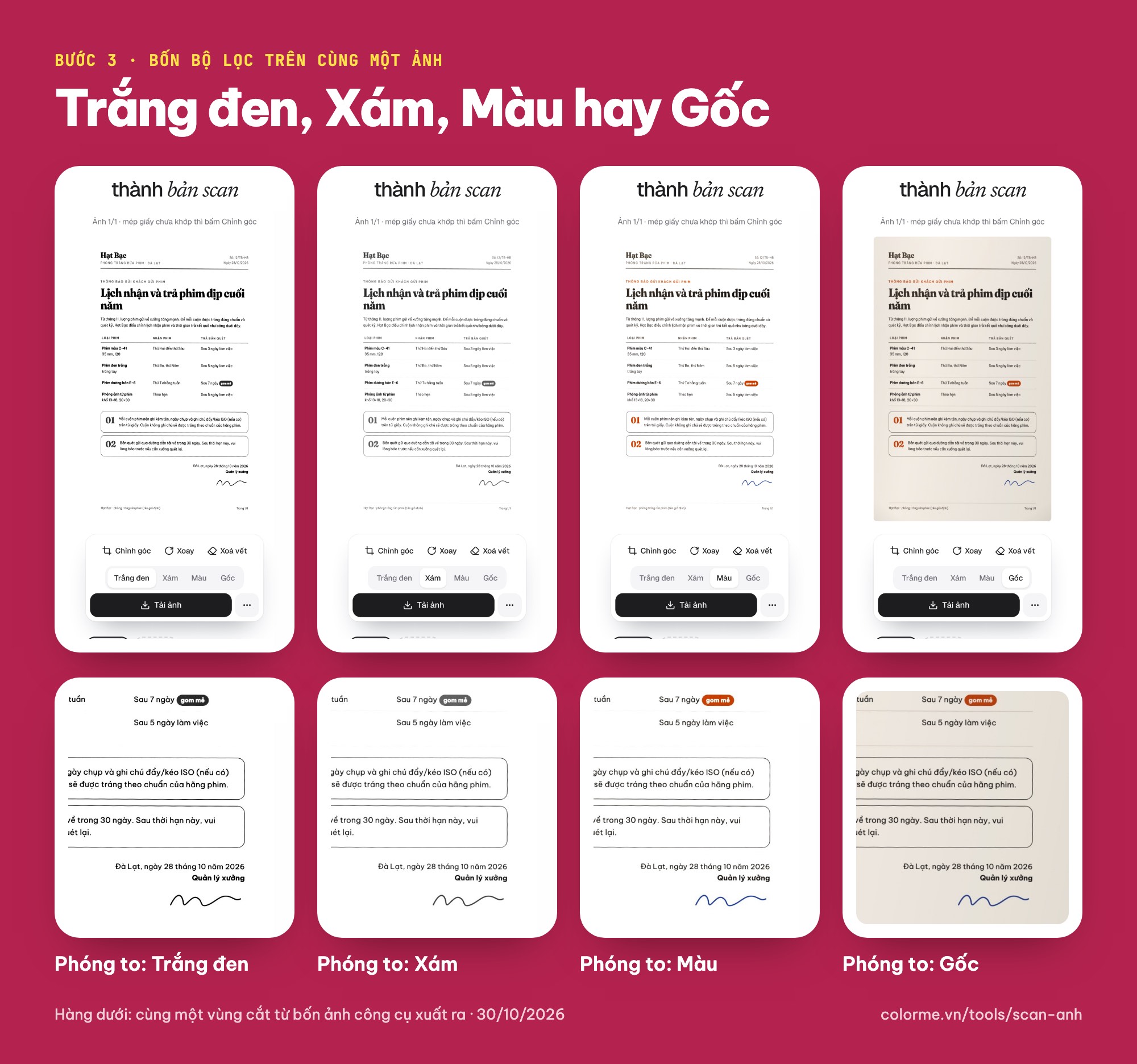 So sánh bộ lọc Trắng đen, Xám, Màu, Gốc khi scan file ảnh trên điện thoại