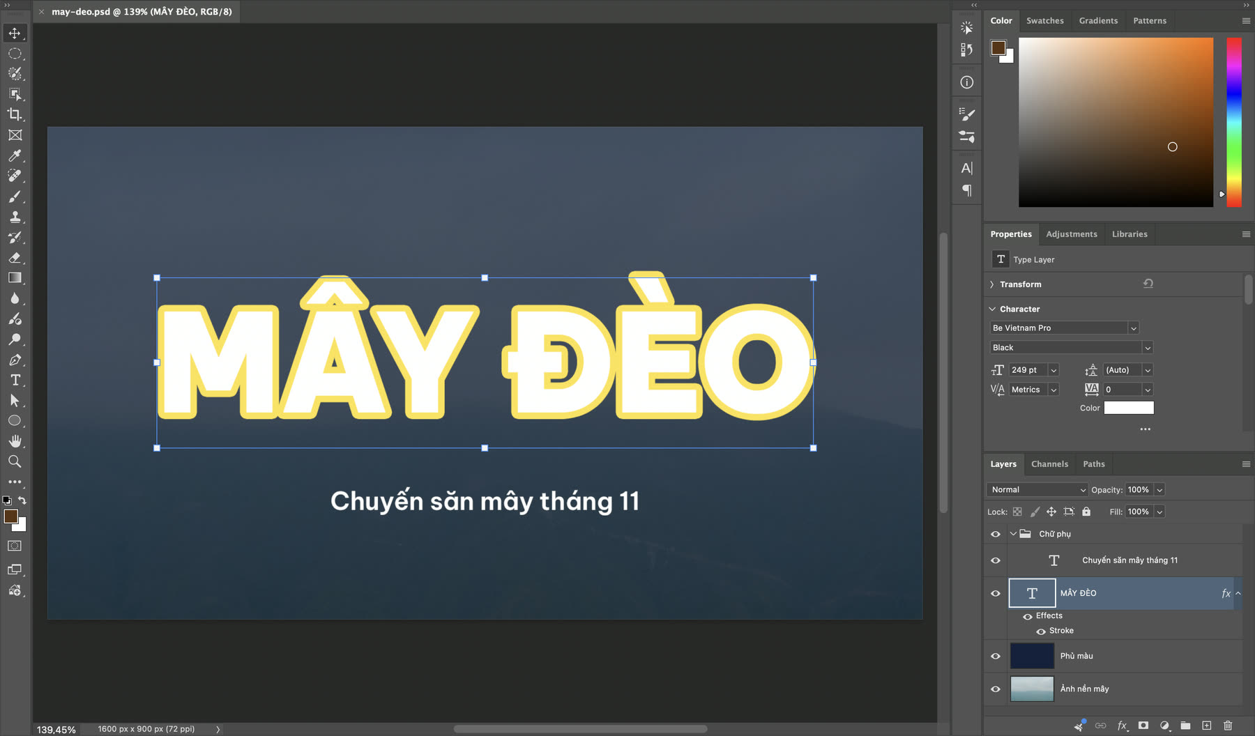 Layers panel Photoshop với lớp chữ được chọn, ô Opacity và Fill 100%