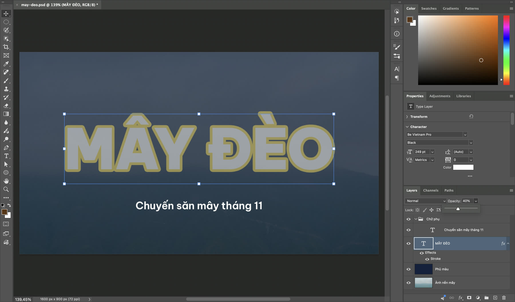 Lớp chữ Photoshop ở Opacity 40%, chữ và viền Stroke cùng mờ