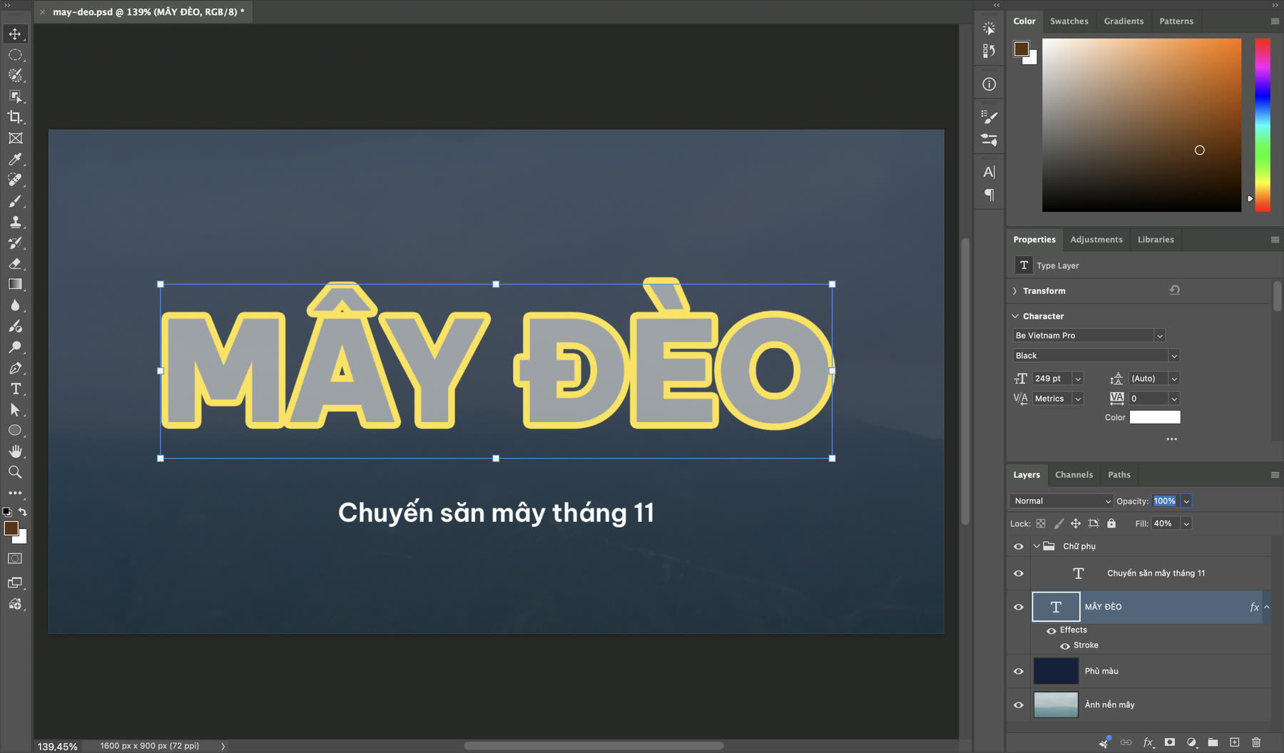 Lớp chữ Photoshop ở Fill 40%, chữ mờ nhưng viền Stroke vẫn đậm