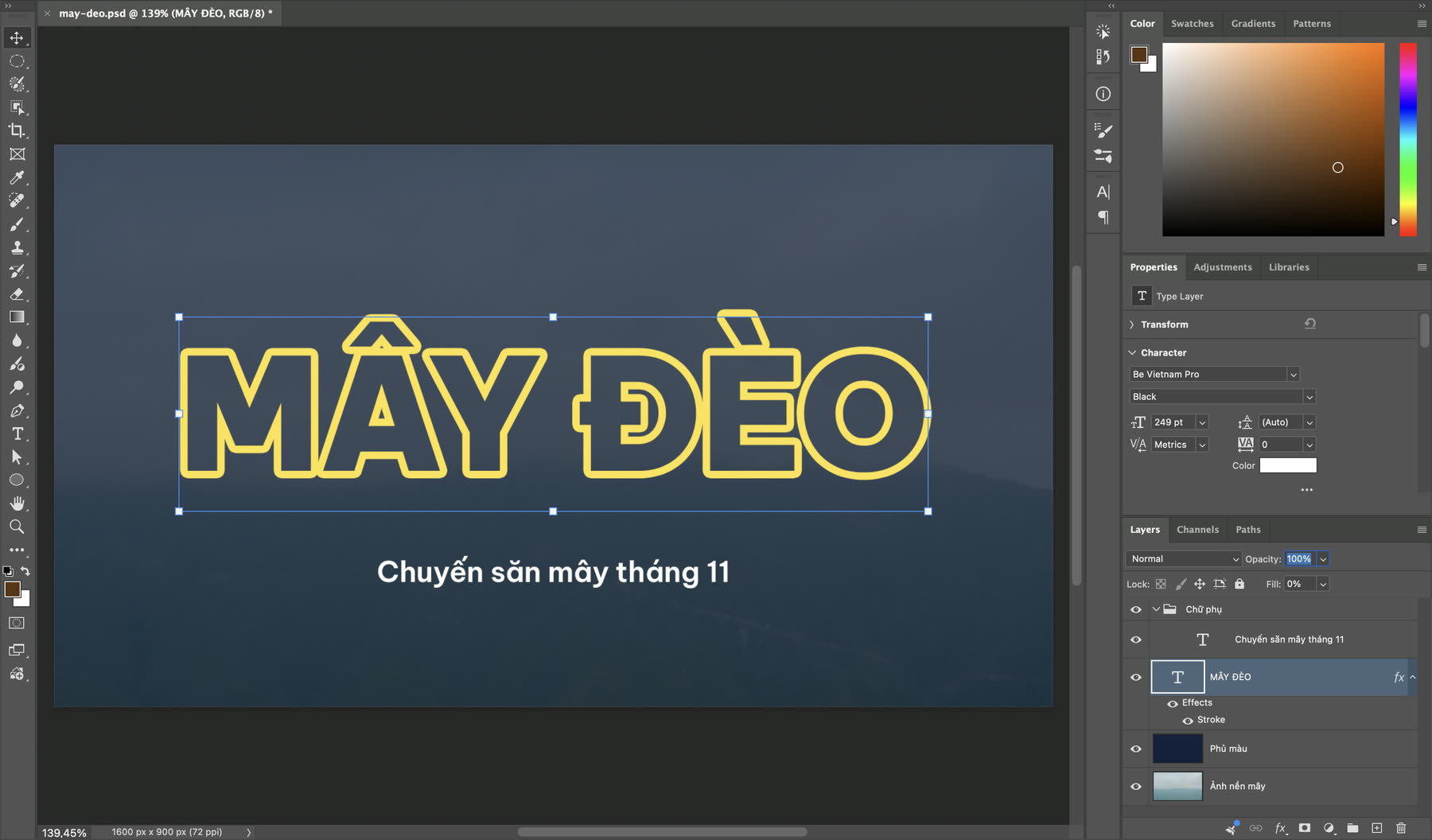 Fill 0% trong Photoshop, chữ chỉ còn viền Stroke