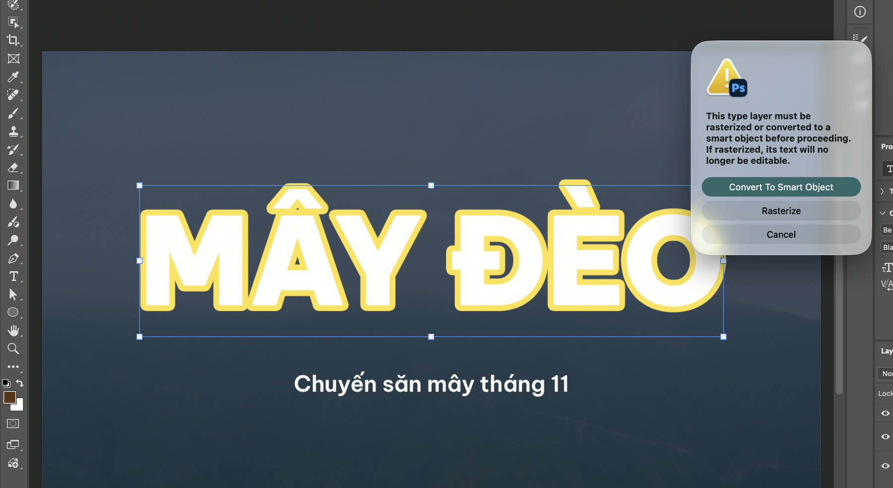 Hộp thoại Photoshop hỏi rasterize hoặc Convert To Smart Object khi làm mờ lớp chữ