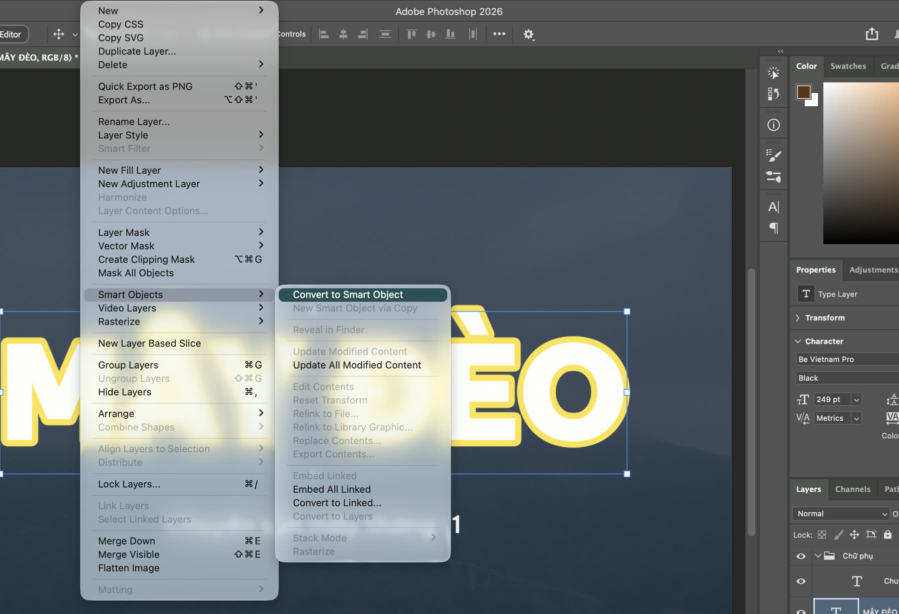 Menu Layer > Smart Objects > Convert to Smart Object trong Photoshop 2026